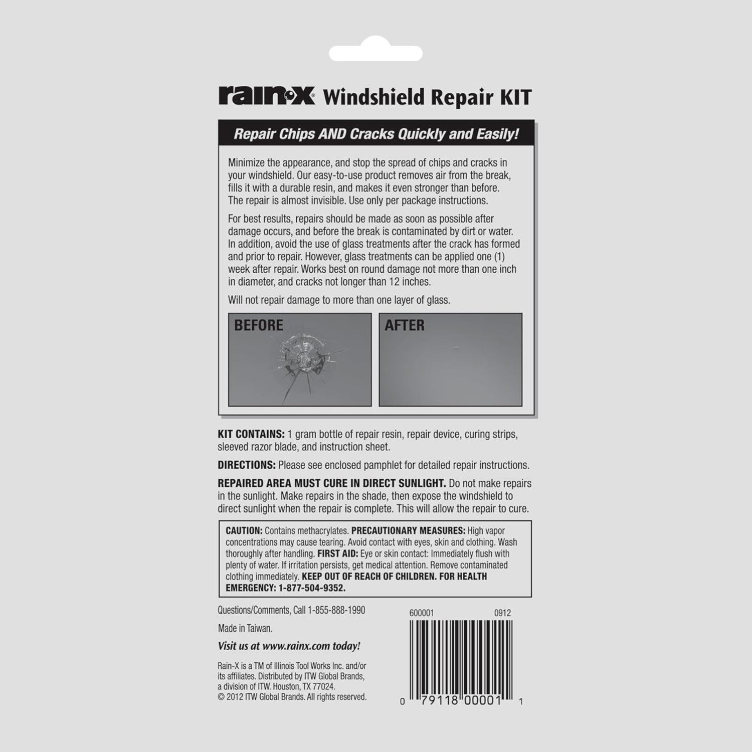 Rain-X Windshield Repair Kit with durable resin for quick fixes, featuring tools and resin container for windshield crack repair.