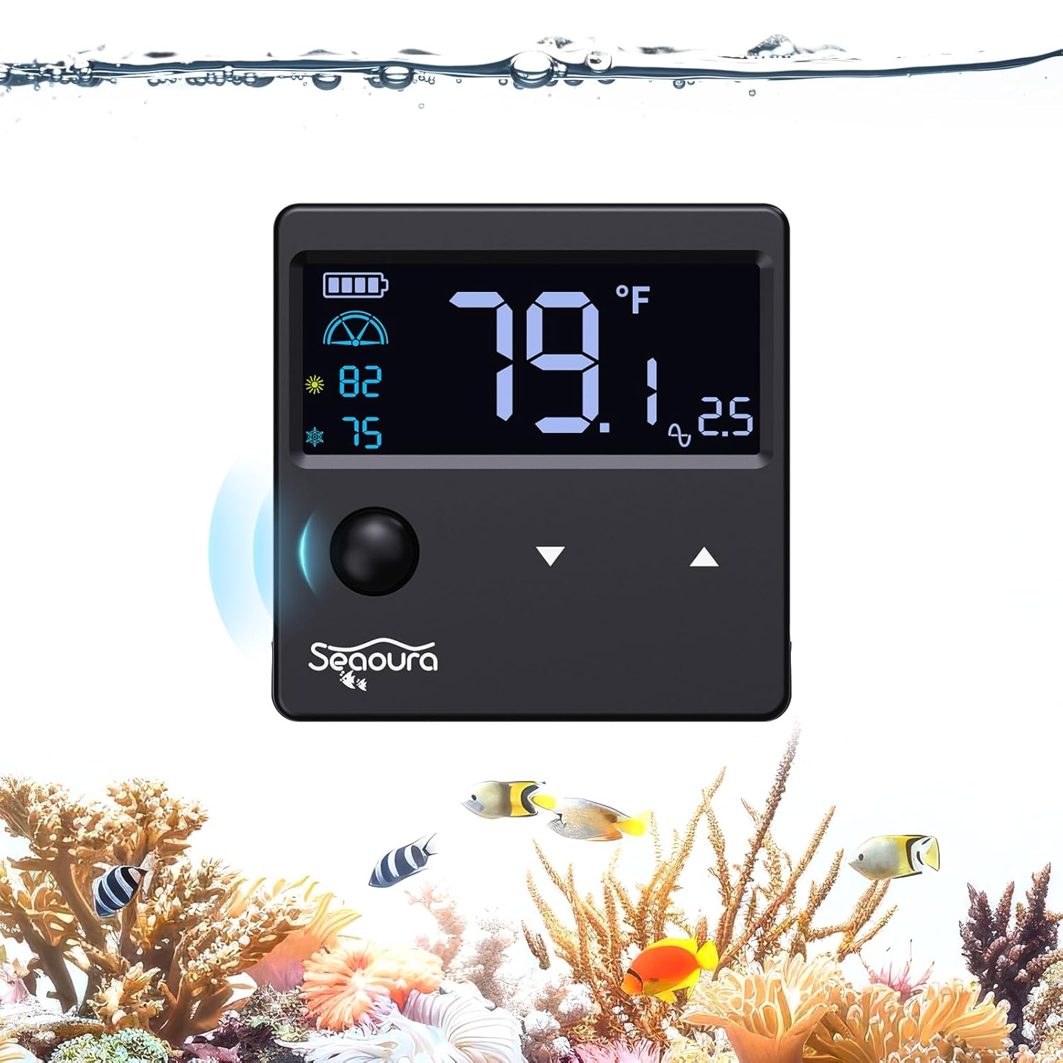 Digital aquarium thermometer with motion sensor from SEAOURA showing a glass tank setup