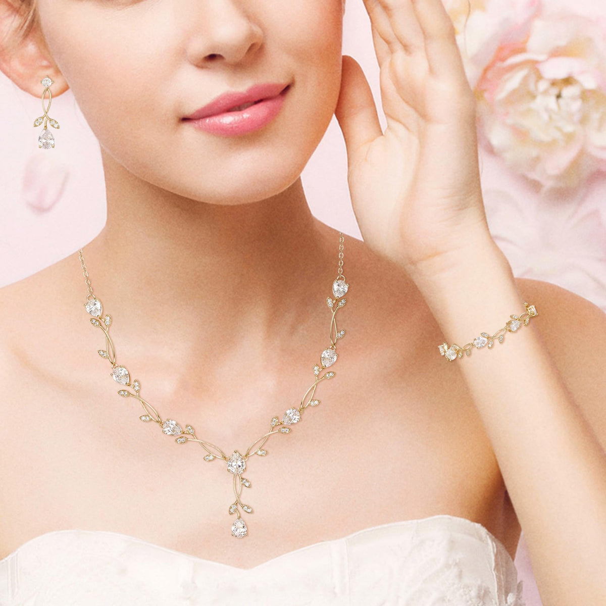 EVER FAITH Cubic Zirconia Pearl Leaf Bridal Jewelry Set for - EVER FAITH Official Imagery - 4