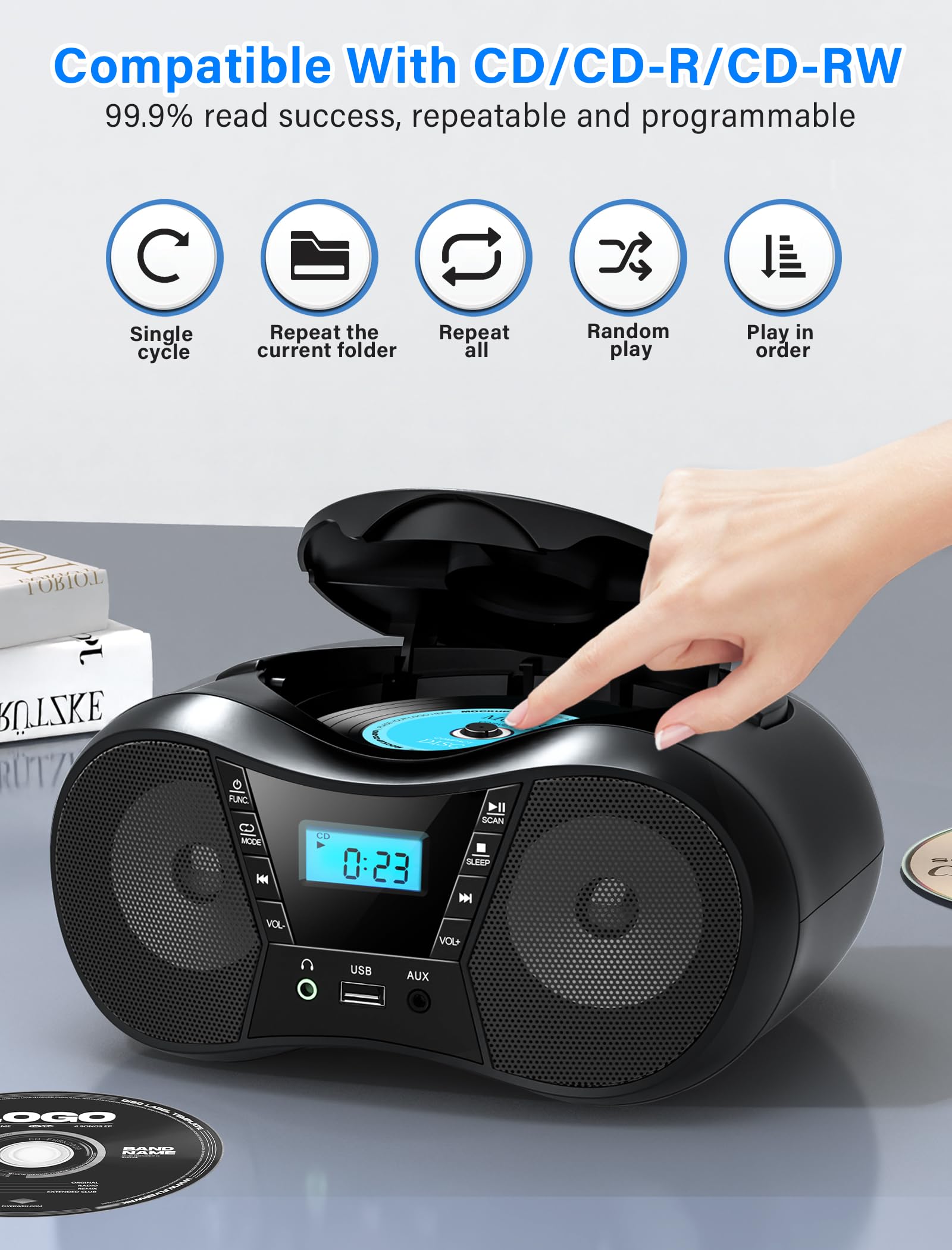 Greadio Portable Boombox CD Player with Bluetooth