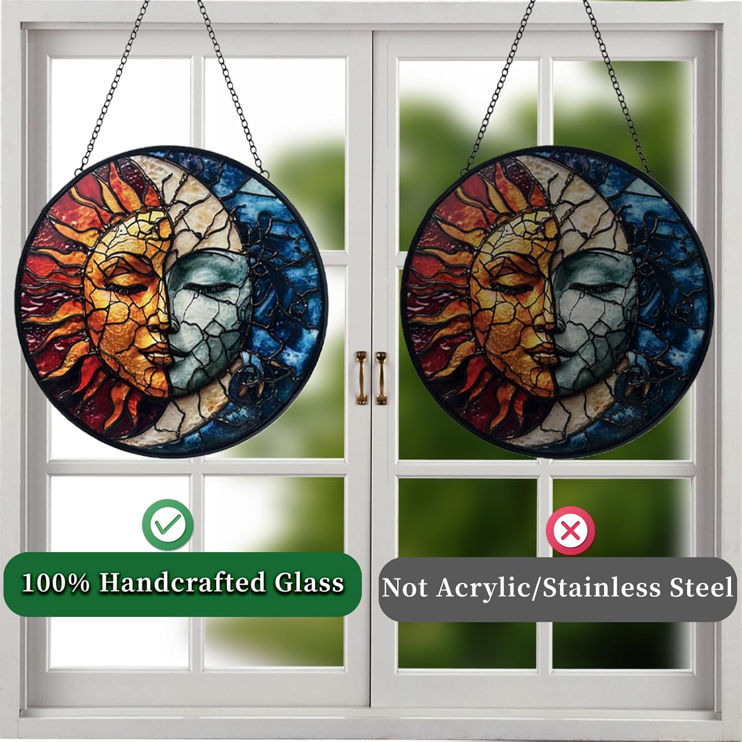 Colorful sun and moon stained glass suncatcher hanging decor for windows, featuring vibrant glass pieces and intricate design.