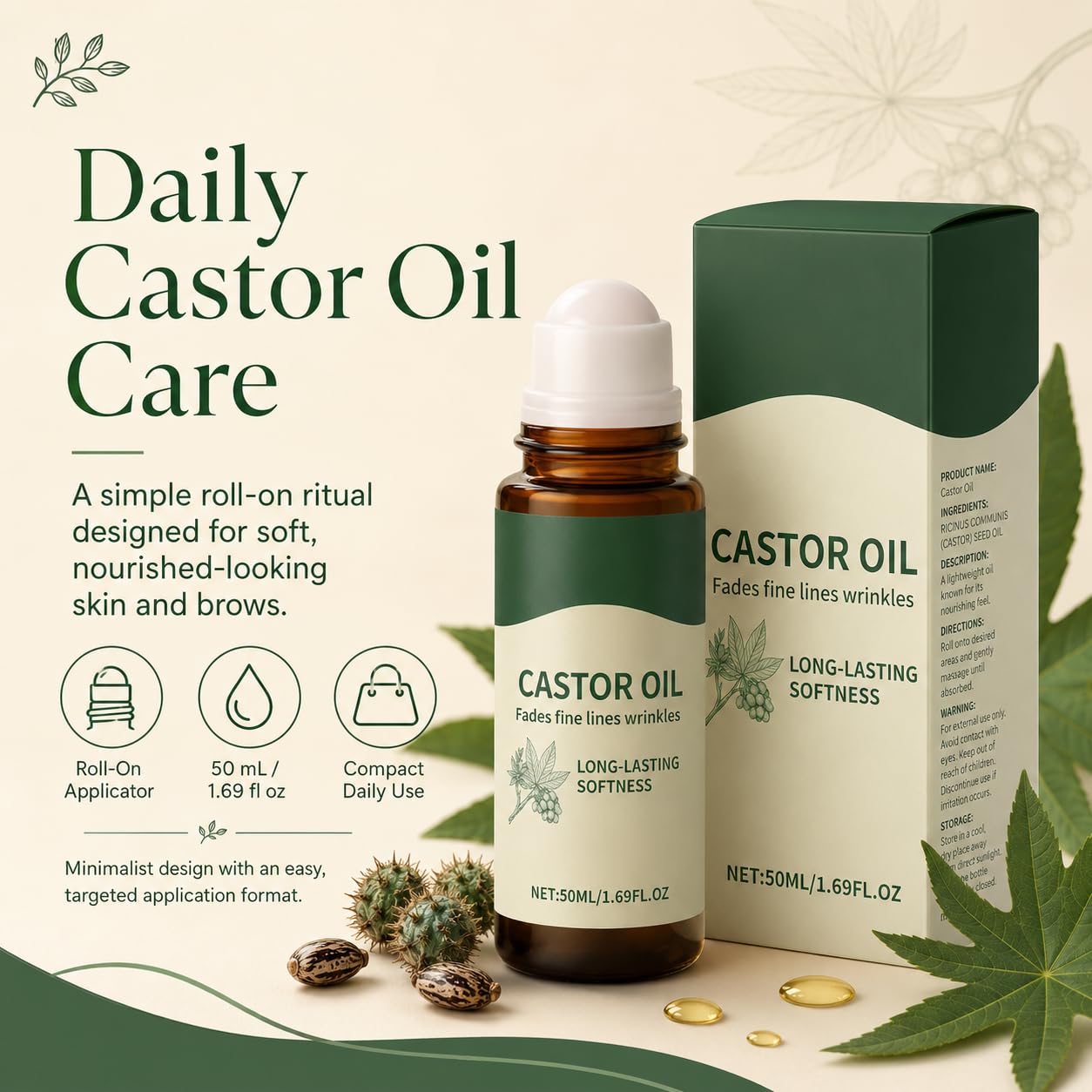 Nooche Organic Castor Oil Roll-on, Cold-Pressed Hexane-Free Castor Oil for Skin, Hair, Brows & Lashes, Fragrance-Free Moisturizing Oil for Body, Scalp & Daily Beauty Care