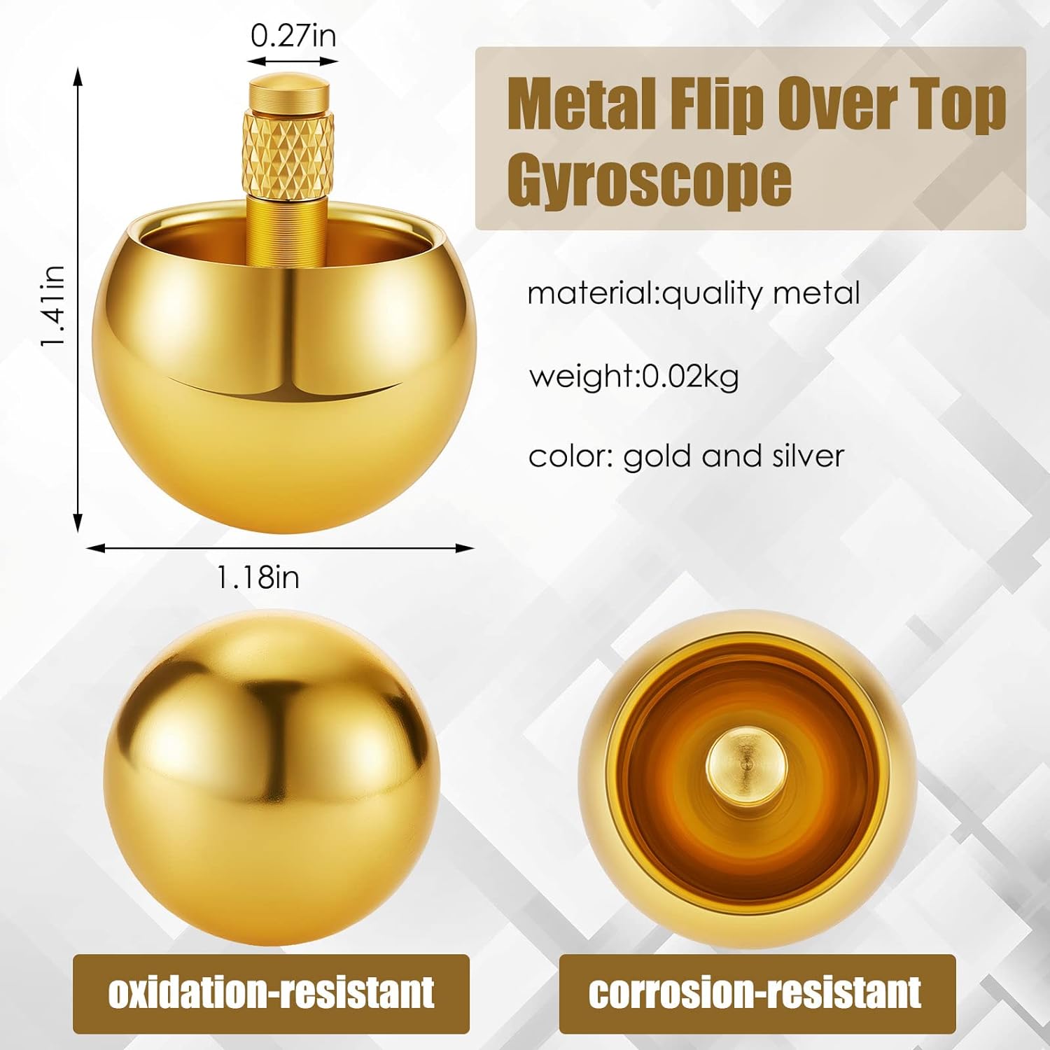 Two Skylety metal spinning tops made of aluminum and stainless steel, featuring flip-over gyroscope design on a white background.