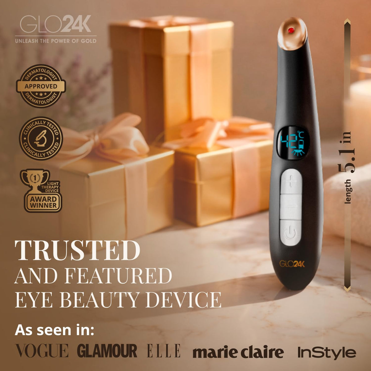 GLO24K Heated Eye Massager Wand with Vibration for Under Eye - GLO24K UNLEASH THE POWER OF GOLD Official Imagery - 8