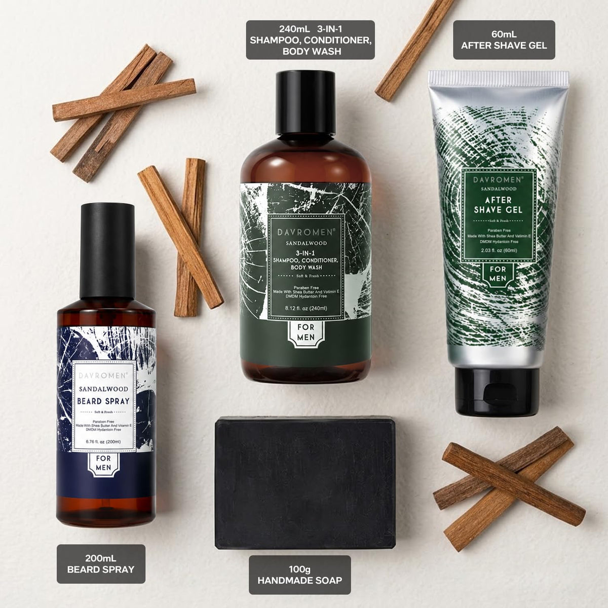 Men s Sandalwood Grooming Gift Kit 3 in 1 Hair Body Wash - Davromen Official Imagery - 3