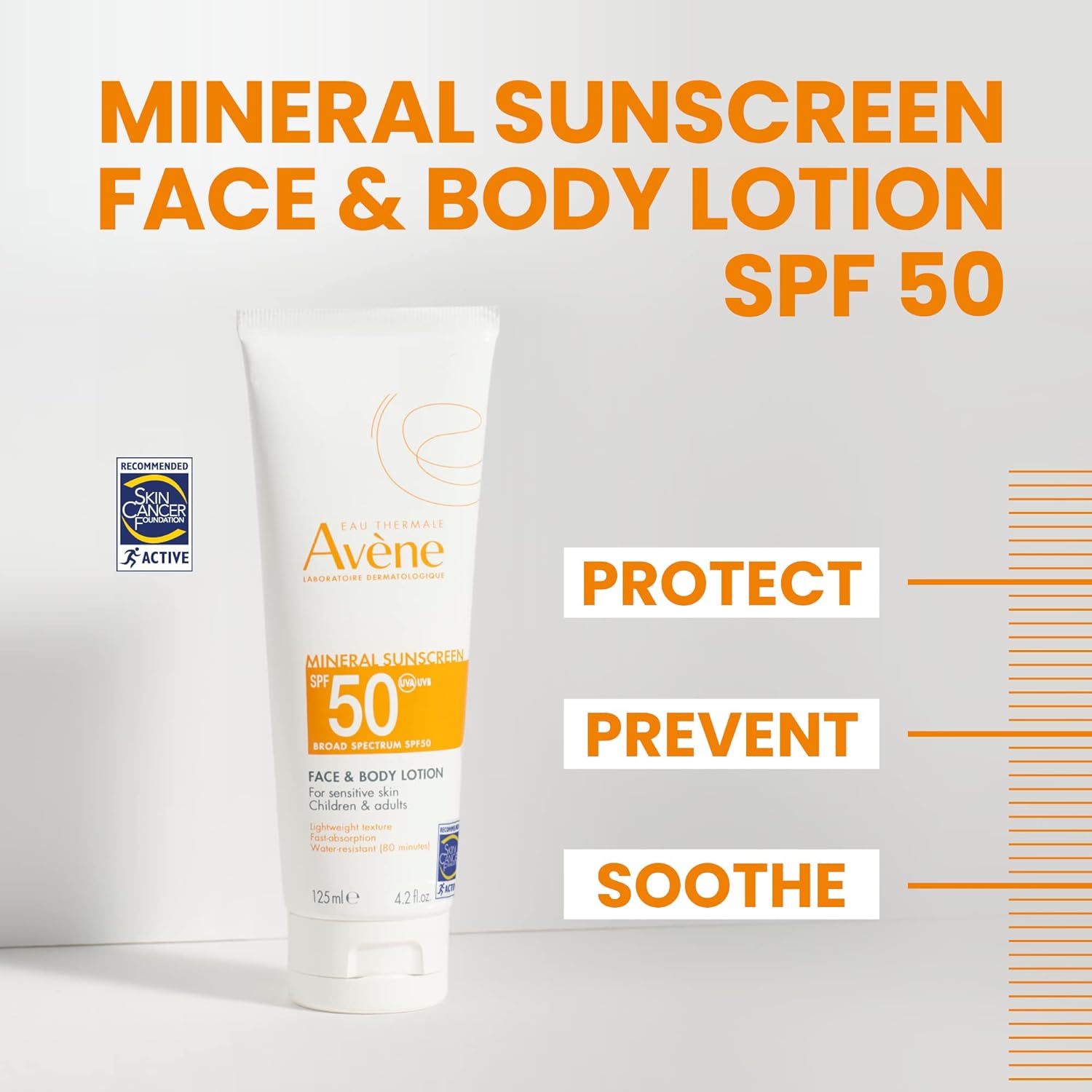 Avène Sheer Mineral Sunscreen SPF 50 face and body lotion, white tube with blue cap, 4.23 fl oz size, protecting skin from sun damage