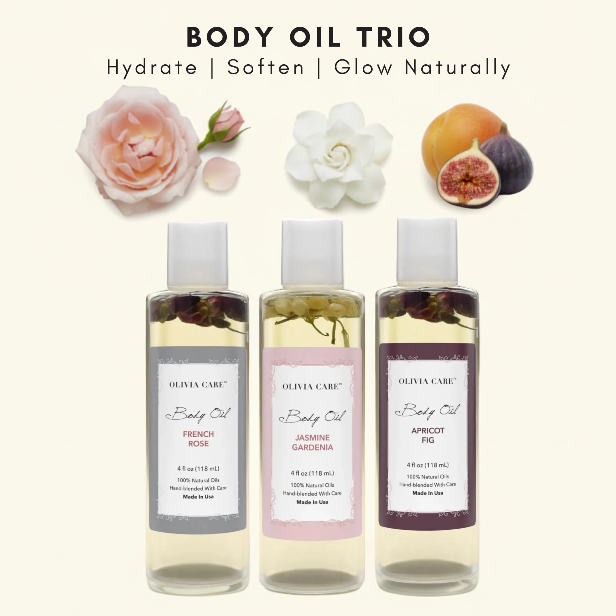 Olivia Care Body Oil Trio - Apricot Fig, French Rose & Jasmine Gardenia (3 pack - 4 fl. oz. each) - Natural Body Oils For Women/After Bath Body Moisturizers, Rich in Vitamin E, K, & Omega fatty Acids - Olivia Care Official Product View 3