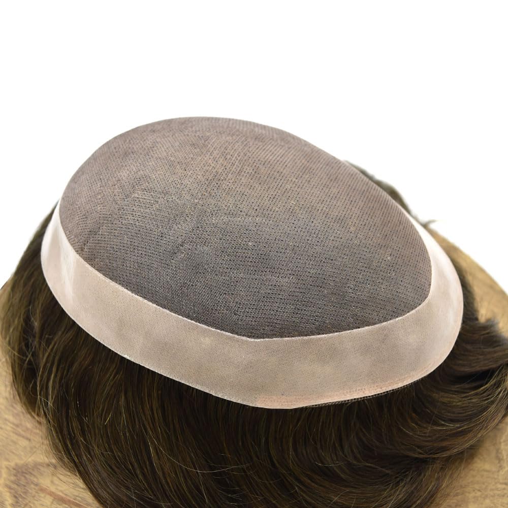 Curve Hair Mens Toupee Human Hair Piece Replacement System Monofilament Wig Hair Unit for Men Durable Poly Coated Mens Hairpiece (#4ASH Medium Ash Brown, 7"X9")