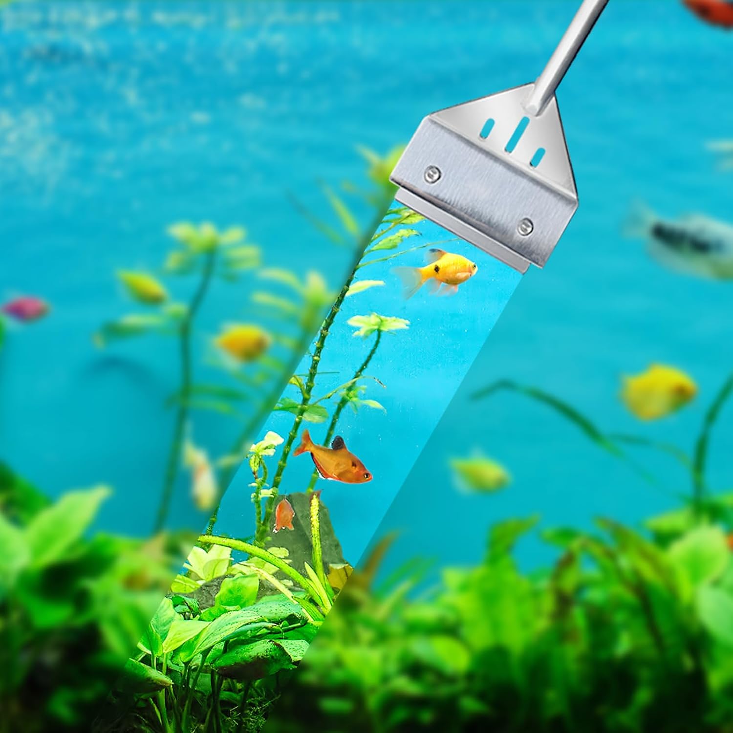 Kirecoo algae scraper for glass aquariums, 25.6 inches, fish tank cleaner with a sturdy handle for removing algae buildup.