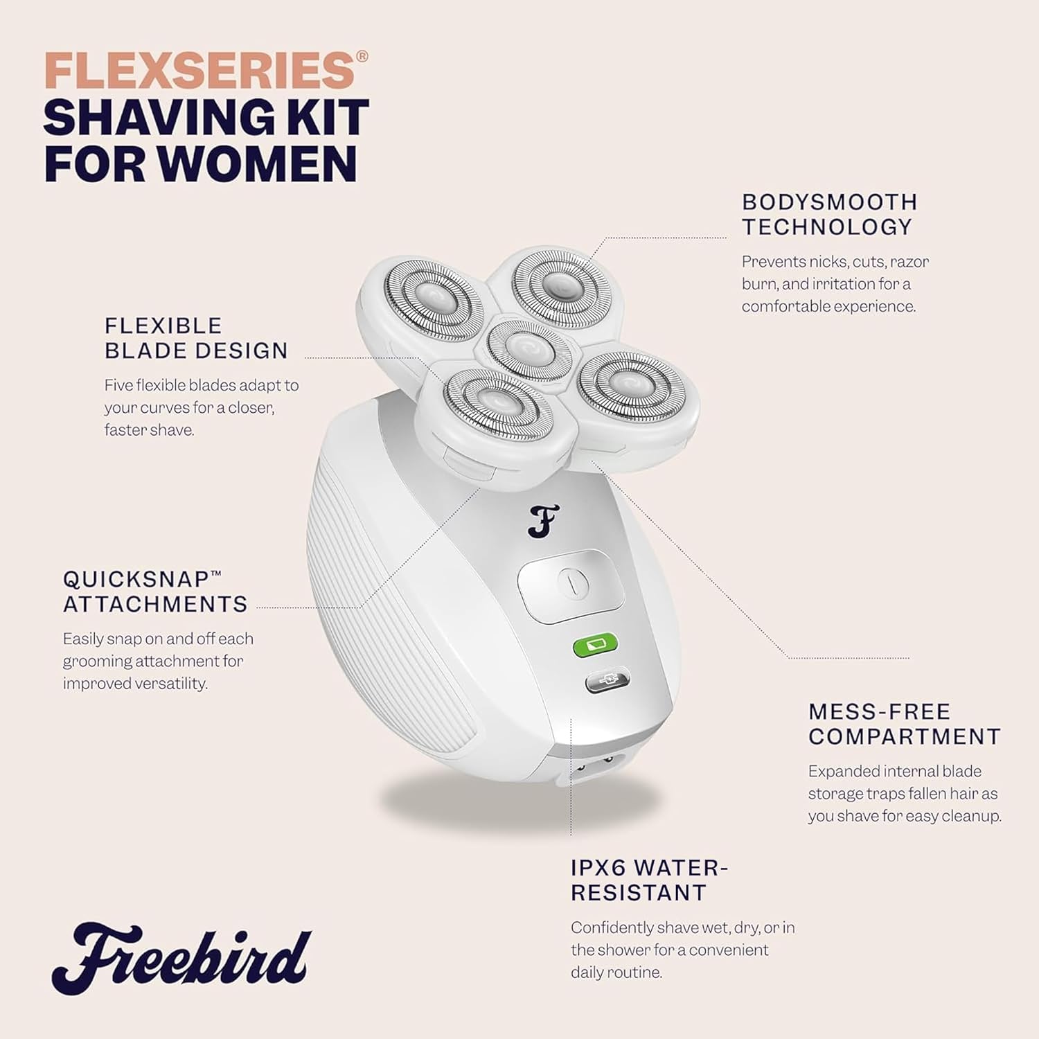 Freebird FlexSeries electric razor for women with a sleek handle, designed for smooth legs, body, and pubic hair shaving.