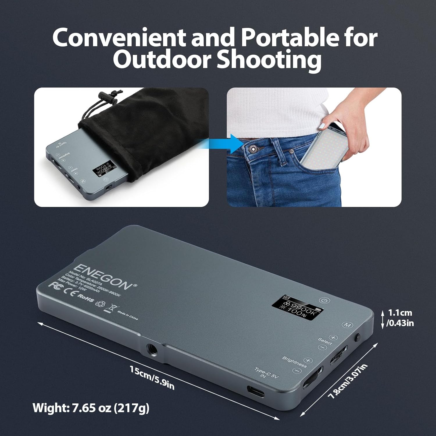 ENEGON 4000mAh rechargeable mountable bicolor LED video light with adjustable brightness and portable design for filming.