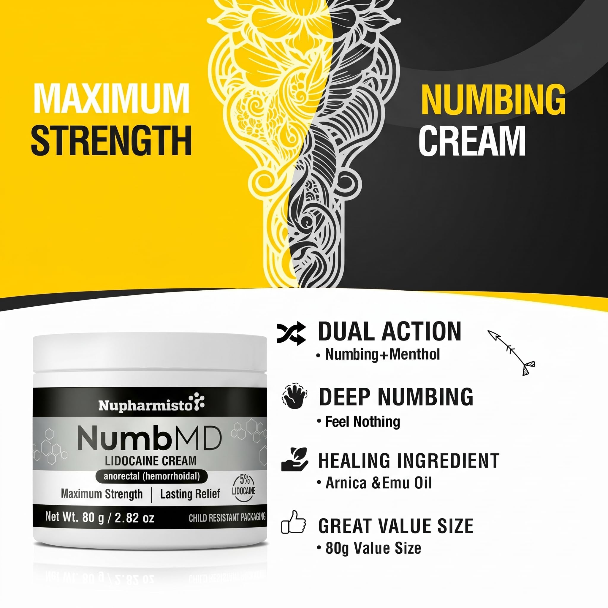 Nupharmisto 5% Lidocaine Numbing Cream Maximum Strength: Long Lasting Numbing Cream with Emu Oil and Arnica relieves discomfort Caused by Hemorrhoids 80 g / 2.82 oz