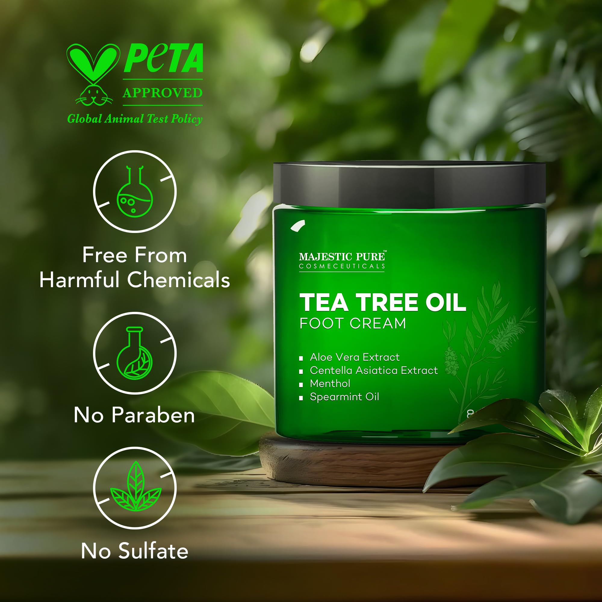 Majestic Pure Tea Tree Oil Foot Cream in an 8 oz jar, showcasing a smooth, moisturizing foot cream with tea tree oil for healthy skin.