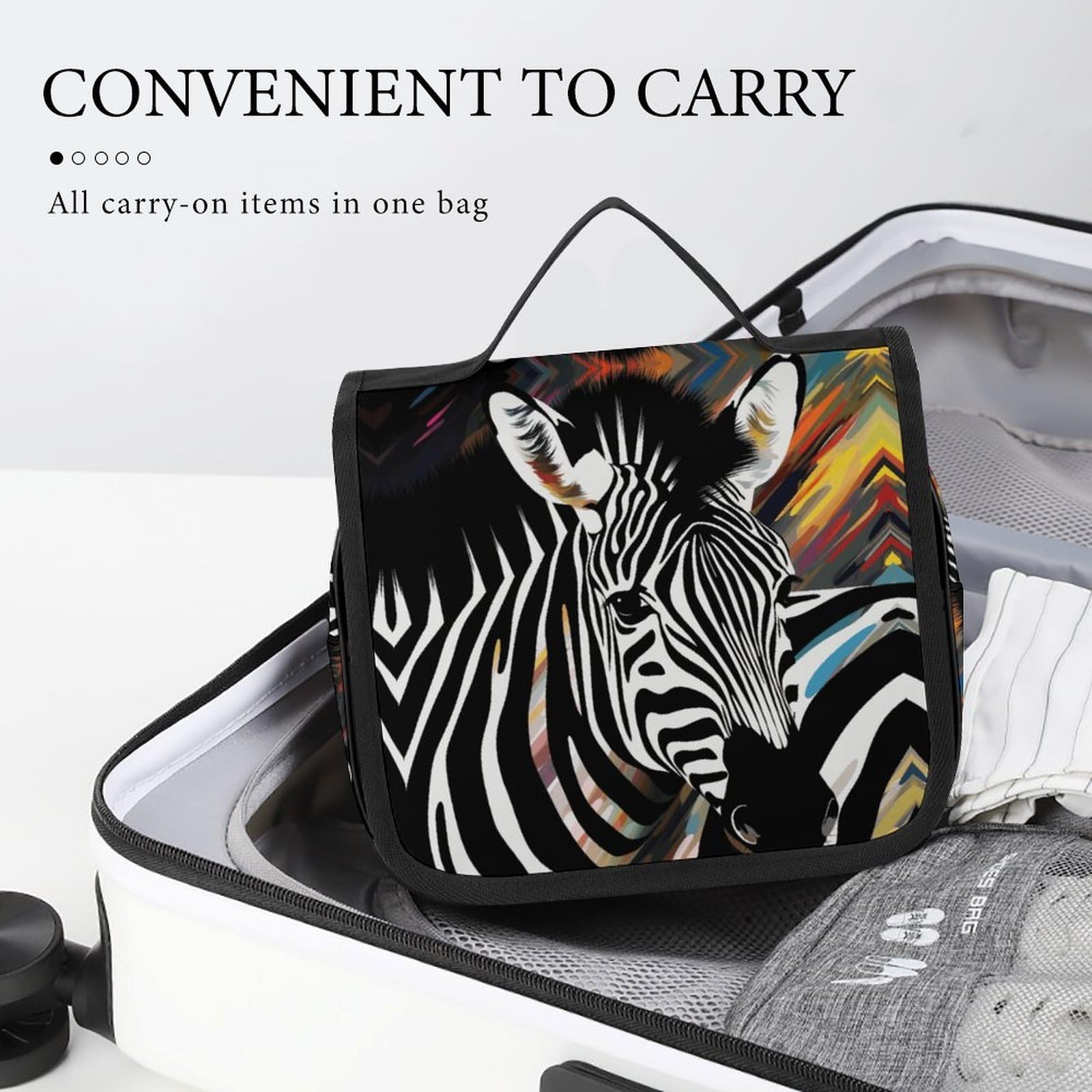 JTREHY abstract zebra pattern cosmetic case with hook, lightweight polyester travel toiletry bag featuring multiple compartments.