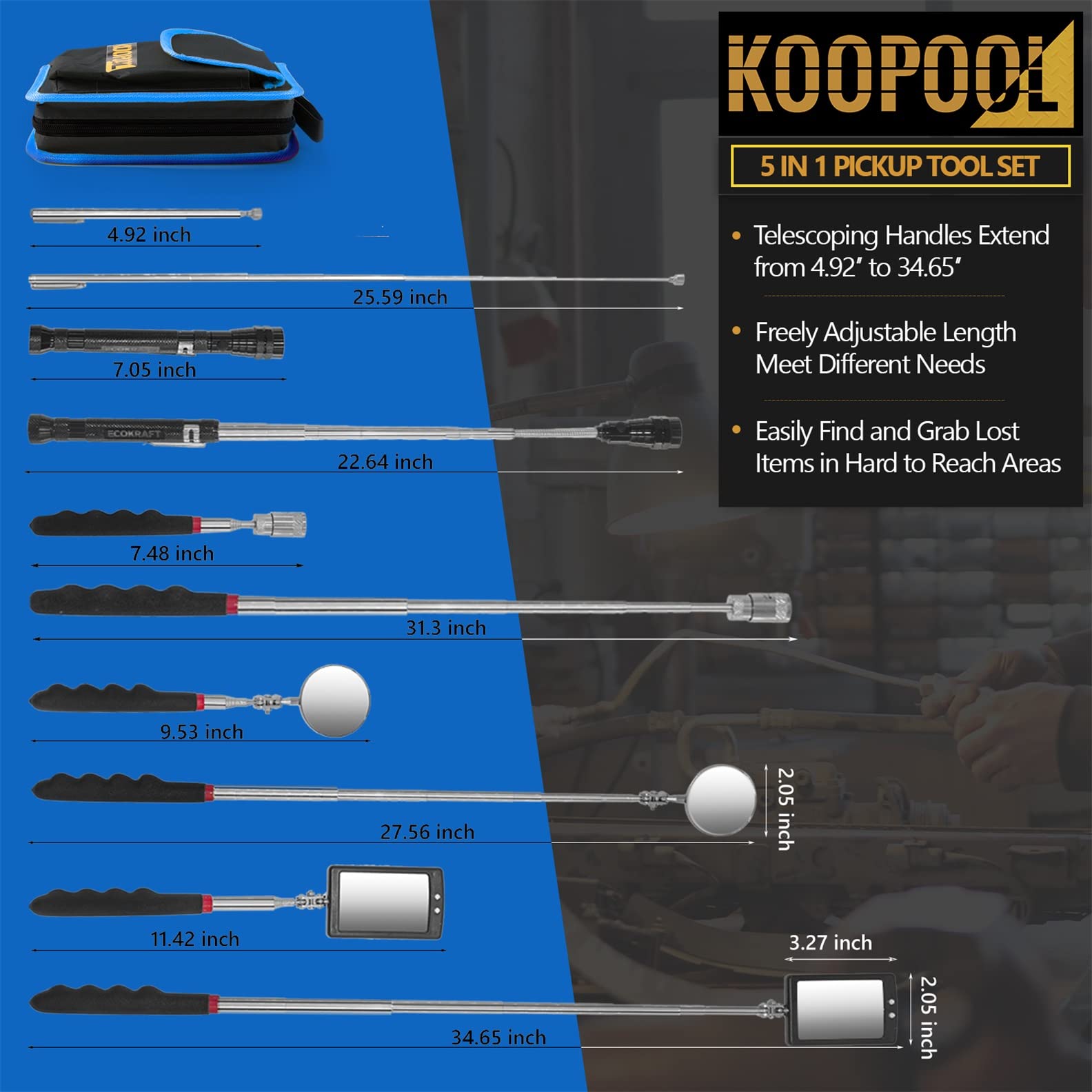 KOOPOOL Telescoping Magnetic Pickup Tool Set, Inspection Mirror T by KOOPOOL - Angle View 7