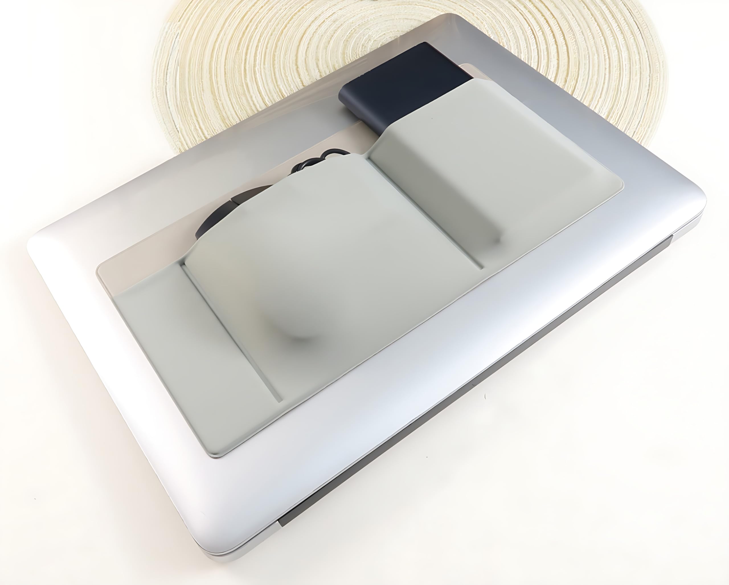 Gray AMOZIFY 3-pocket organizer caddy with mouse holder, adhesive pouch, and external hard drive sleeve for MacBook and SSD storage.