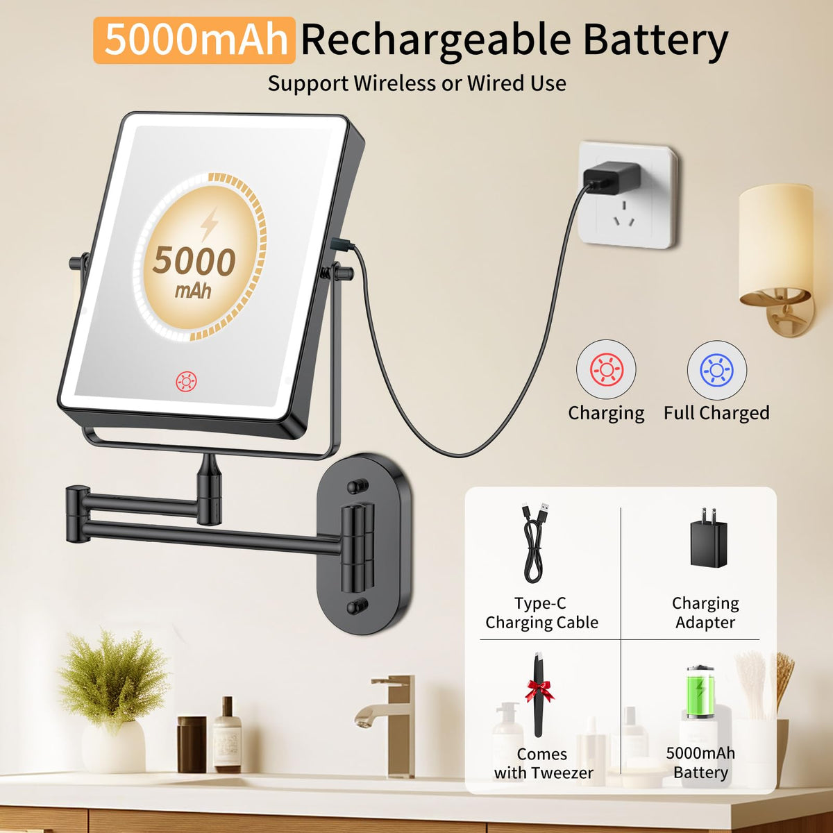 FUNTOUCH 5000mAh Rechargeable Wall Mounted Makeup Mirror - FUNTOUCH Official Imagery - 4