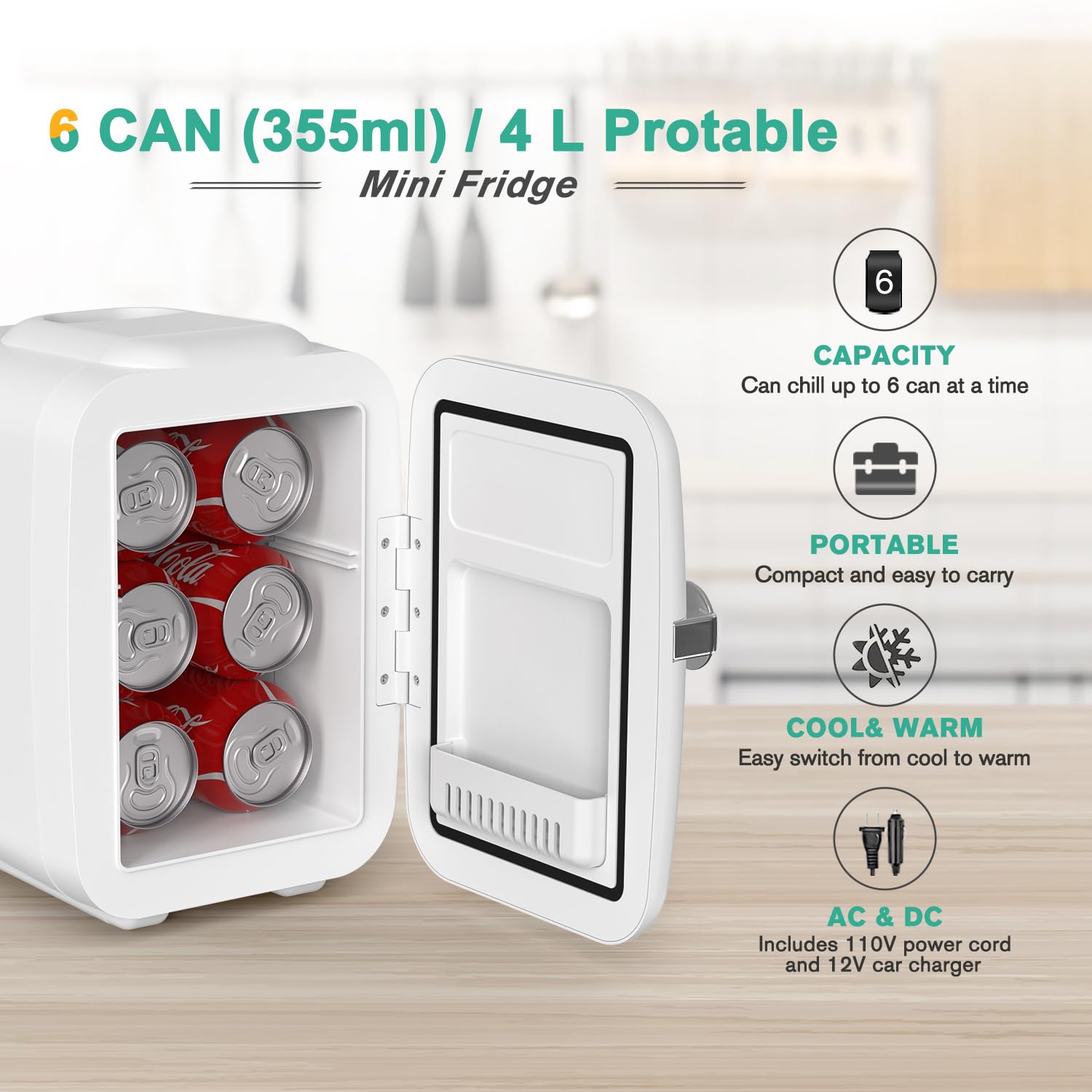 CROWNFUL Mini Fridge, 4 Liter/6 Can Portable Cooler and Warmer - CROWNFUL
