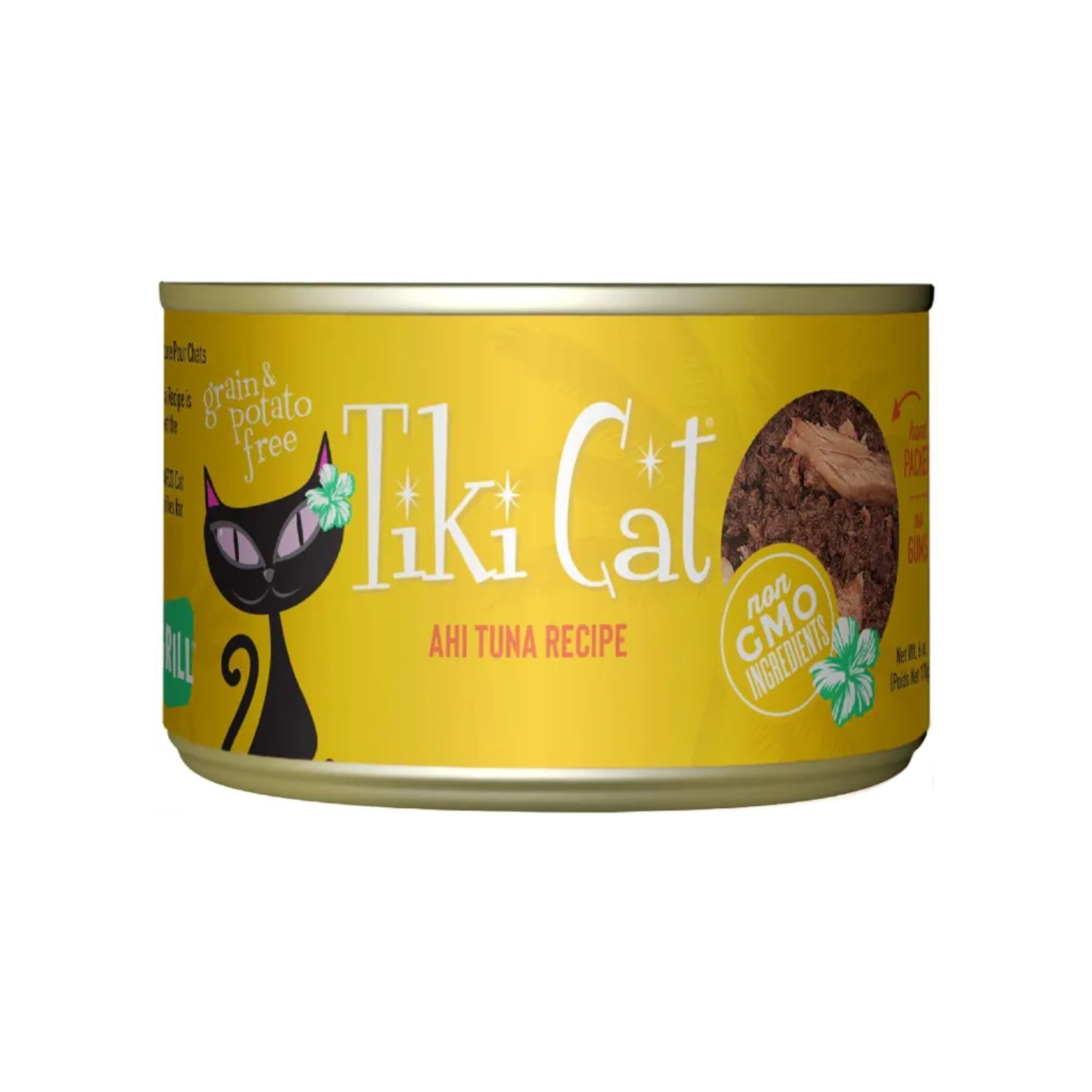 Tiki Cat Grill Ahi Tuna wet cat food cans, 6 oz, pack of 8, featuring high-protein, non-GMO ingredients in shiny cans