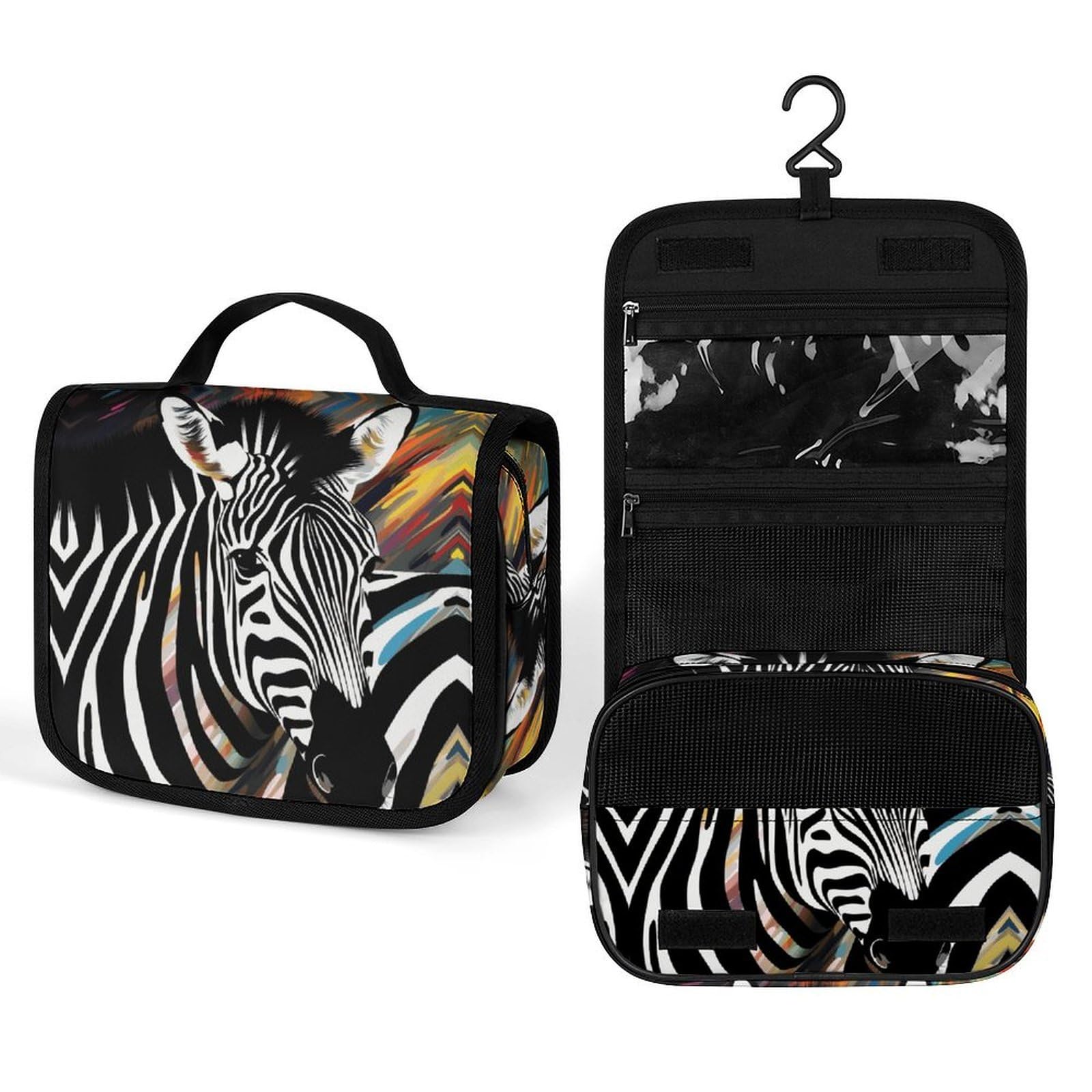JTREHY Abstract Animal Zebra Hanging Toiletry Bag, Lightweight Durable Polyester Travel Cosmetic Organizer with Hook, Multi-Compartment Wash Bag for Travel Gym Camping Bathroom Storage