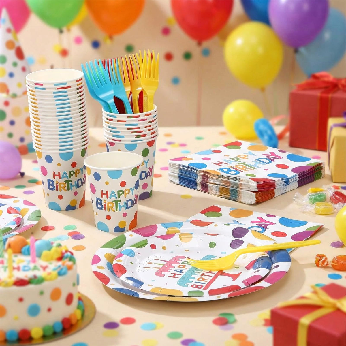 200 Pcs Happy Birthday Colorful Polka Dot Party Paper Plates - Ziliny Official Imagery - 5