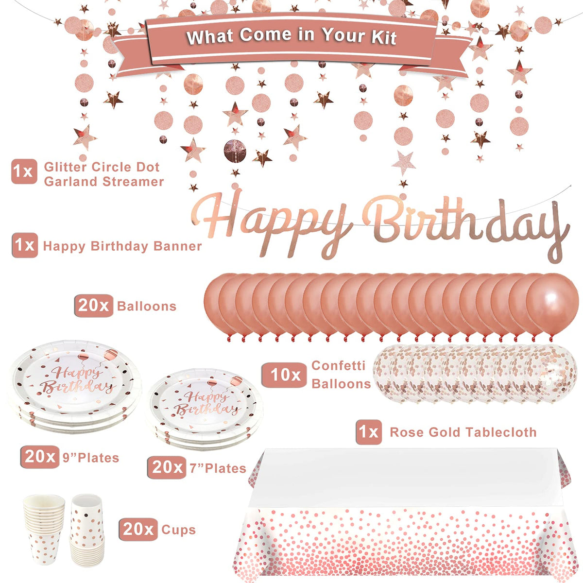 Rose Gold Birthday Party Supplies for 20 Guests - Irichna Official Imagery - 4