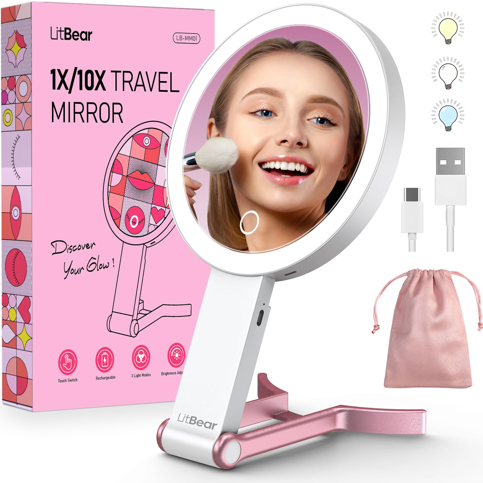 LitBear Travel Makeup Mirror with Lights Rechargeable Double - LitBear Official Imagery - 2