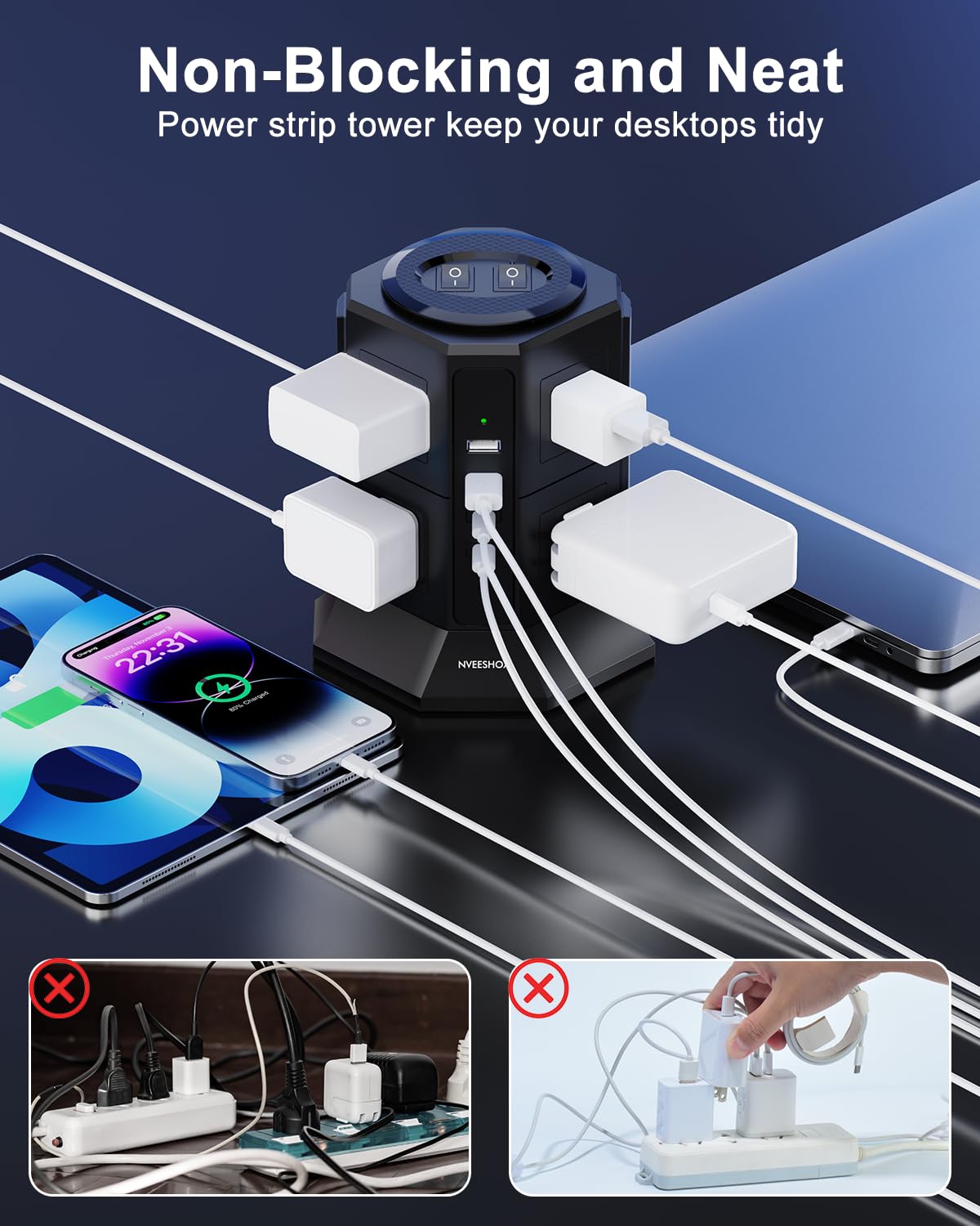 Surge Protector Power Strip Tower Flat Plug Power Strip with - NVEESHOX Official Imagery - 6