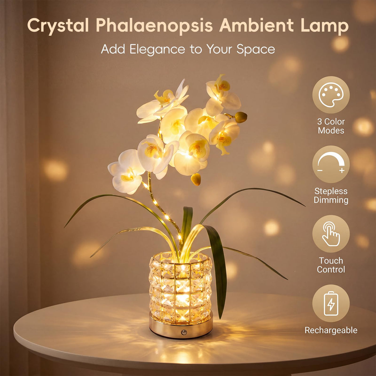 Crystal Phalaenopsis Orchid Lamp USB Rechargeable Touch - SXDLED Official Imagery - 3