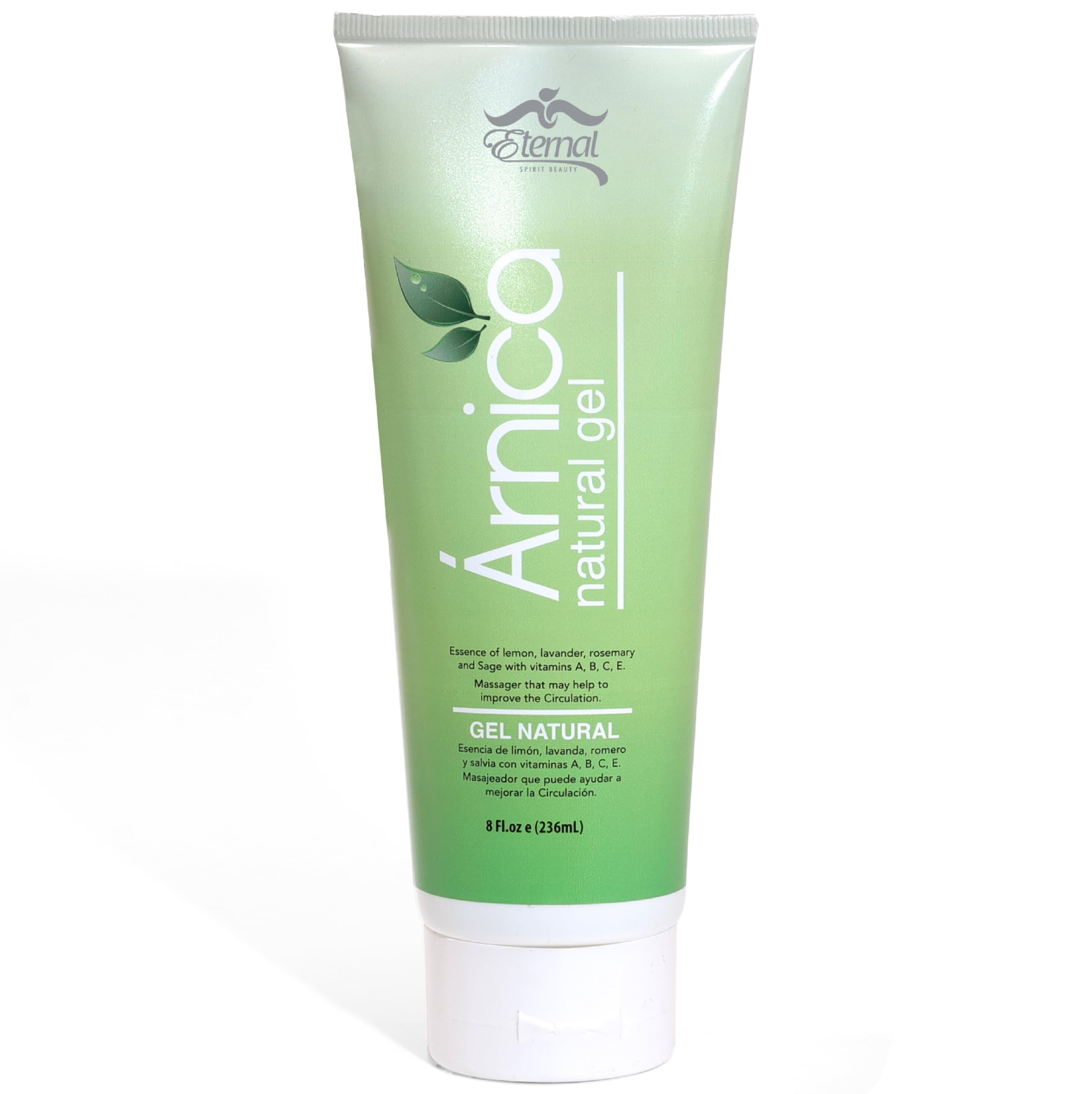 Eternal Spirit Beauty Arnica Gel in 8oz cooling botanical skin moisturizer, showing the gel and botanical ingredients.