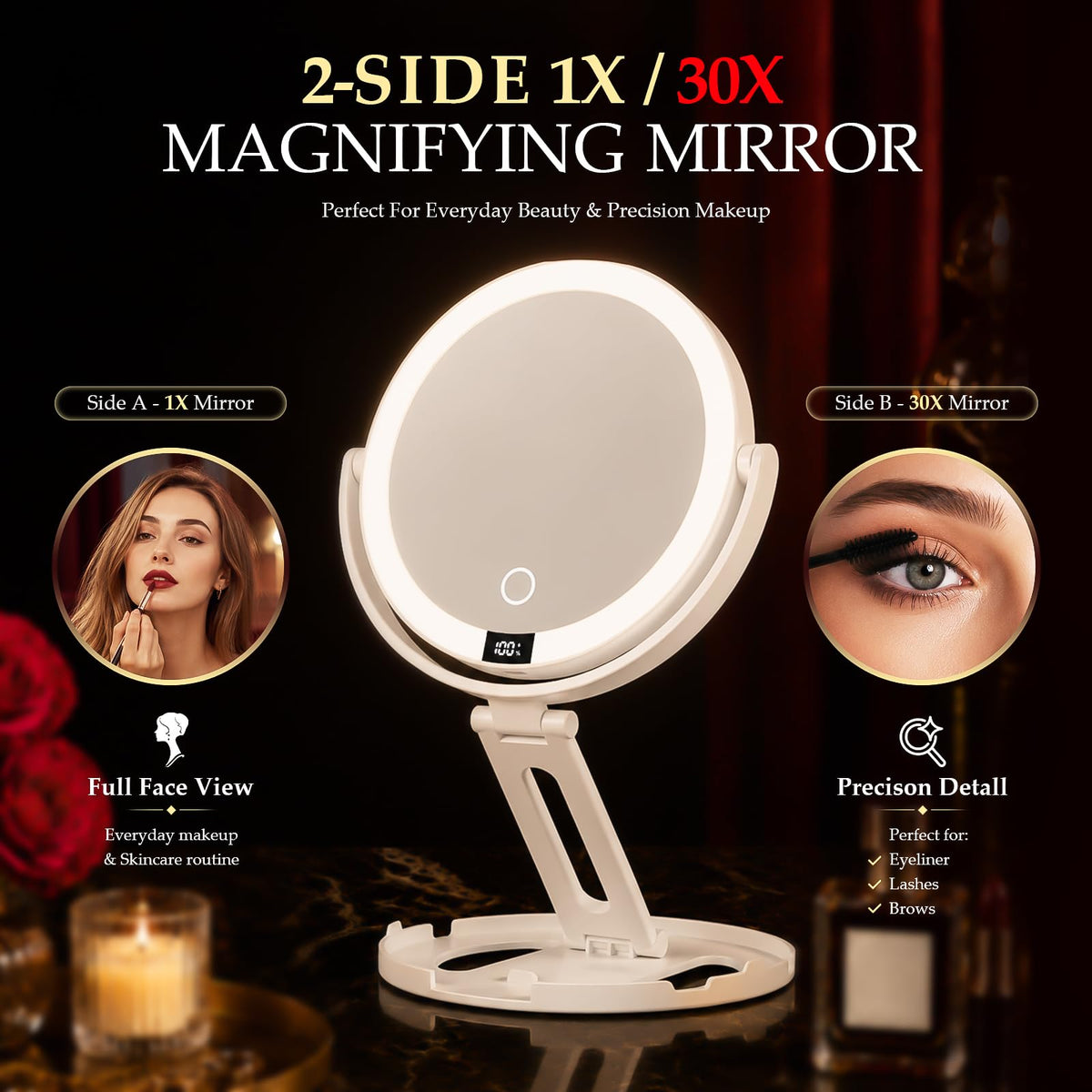 Travel Makeup Mirror with Lights 1X 30X Double Sided - Velmelle Official Imagery - 7