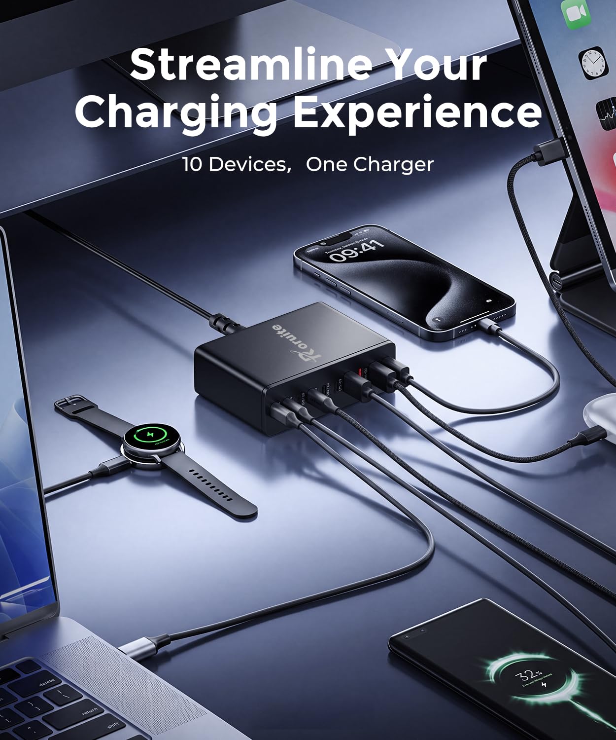Roruite USB C Charging Station 10 Port with 4 Cables,245W GaN Cha by Roruite - Angle View 4
