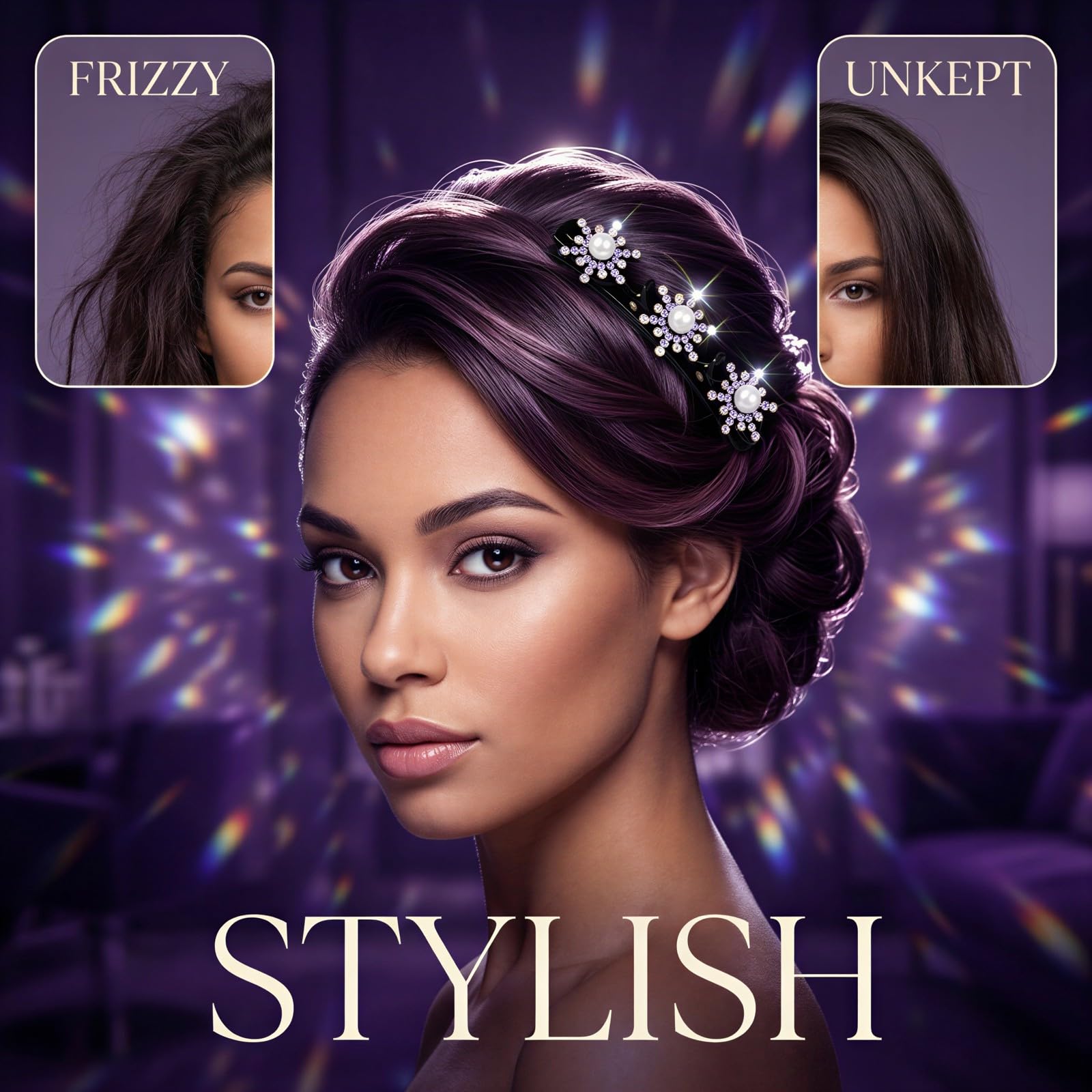 5 Pcs Crystal Stone Clips for Women, Purple Sparkling Hair Accessory with Snowflake Pearl Rhinestones, Double Layer Braided Hair Clips for Styling, Barrettes for Daily Use, Work and Parties