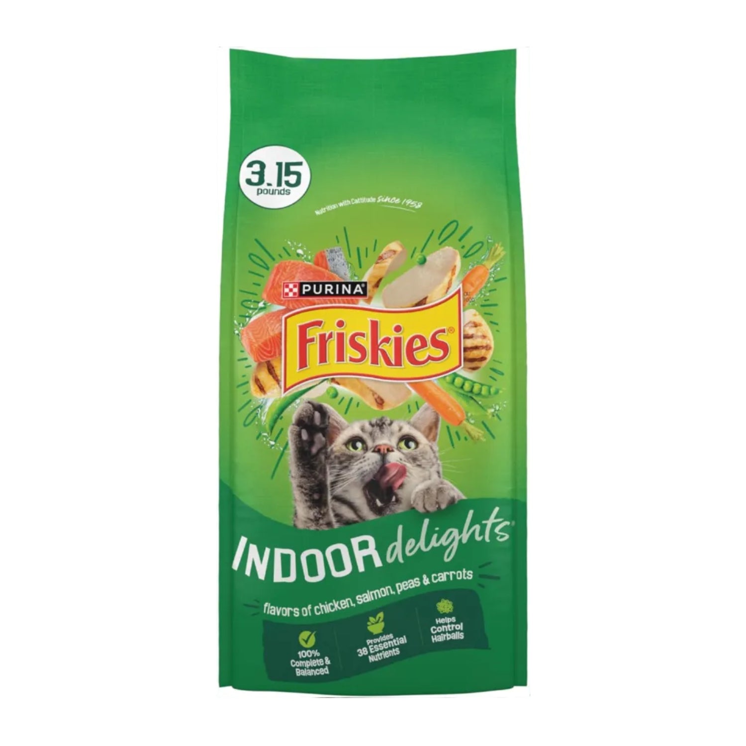 Four 3.15 lb bags of Friskies Indoor Delights dry cat food with chicken, salmon, peas, and carrots, showing colorful kibble and packaging.