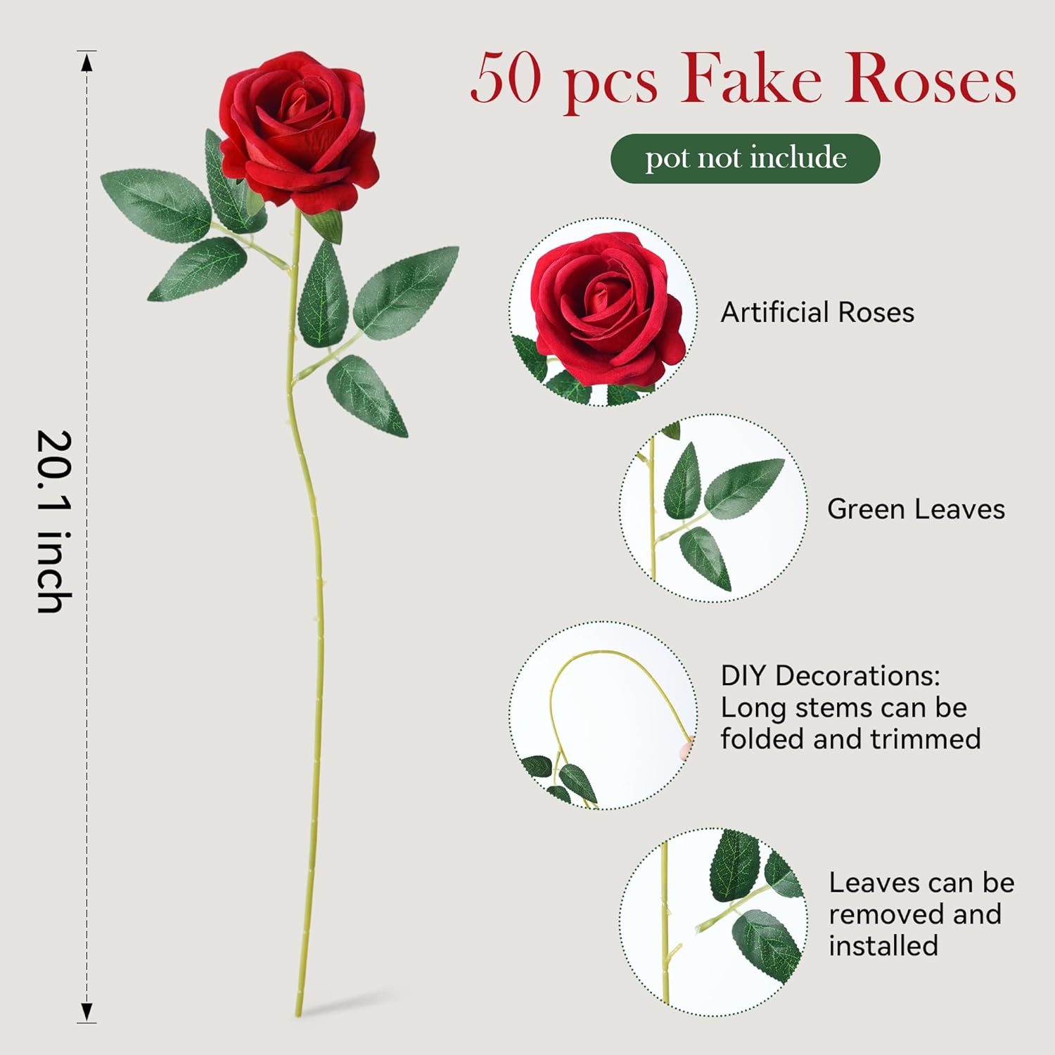 Set of 50 artificial red roses with long stems, realistic-looking fake flowers by INSPRING arranged in a natural bouquet style.