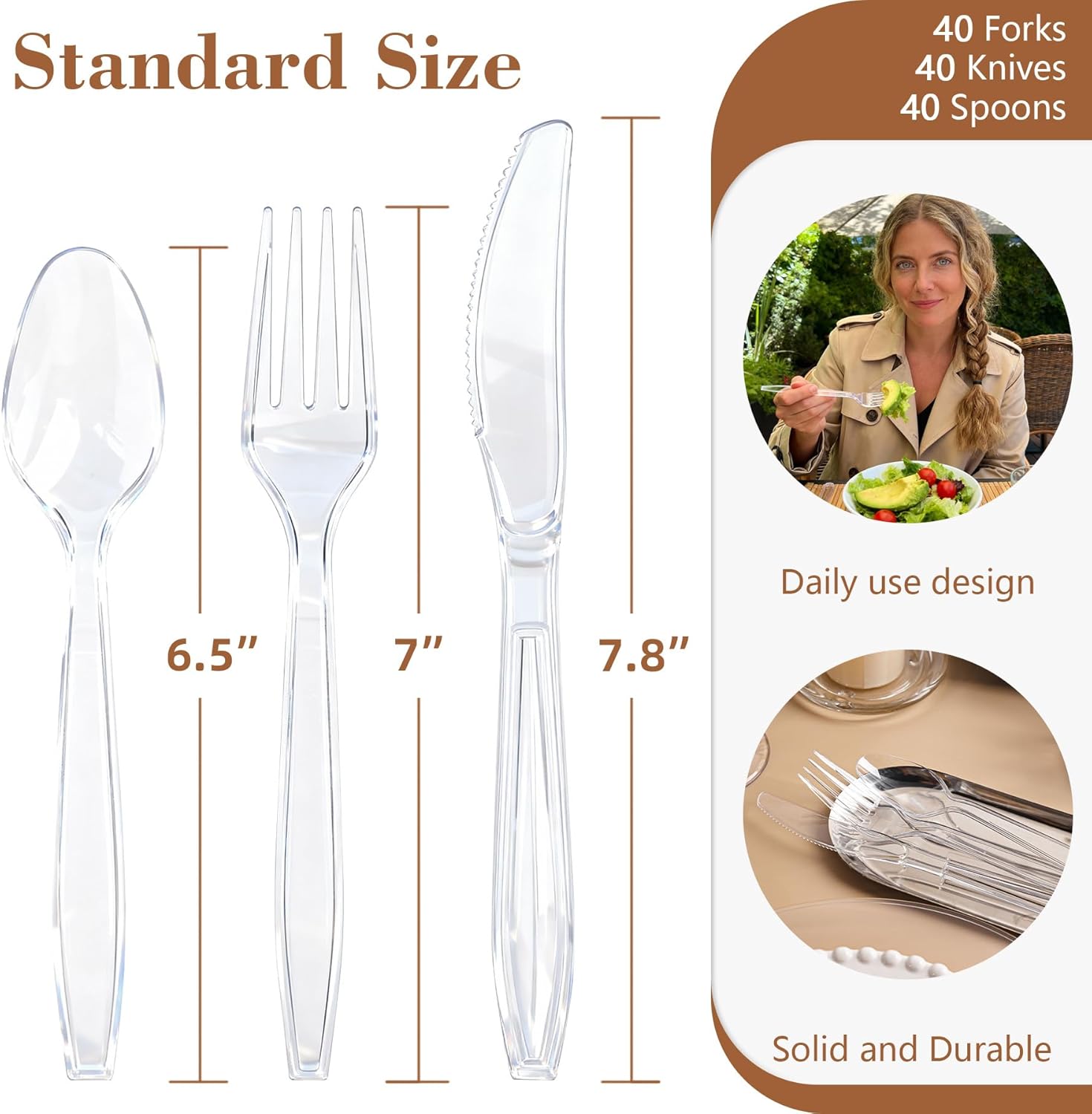Heavy duty clear plastic silverware set by QualQuot with 40 forks, 40 spoons, and 40 knives, BPA-free and durable for everyday use.
