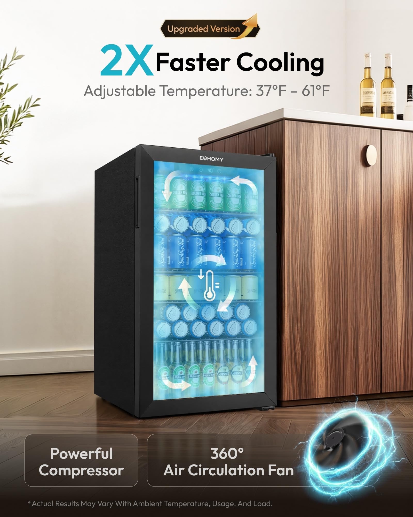 EUHOMY 130 Can Mini Fridge, Beverage Refrigerator with Glass Door, Black - EUHOMY Official Product View 3