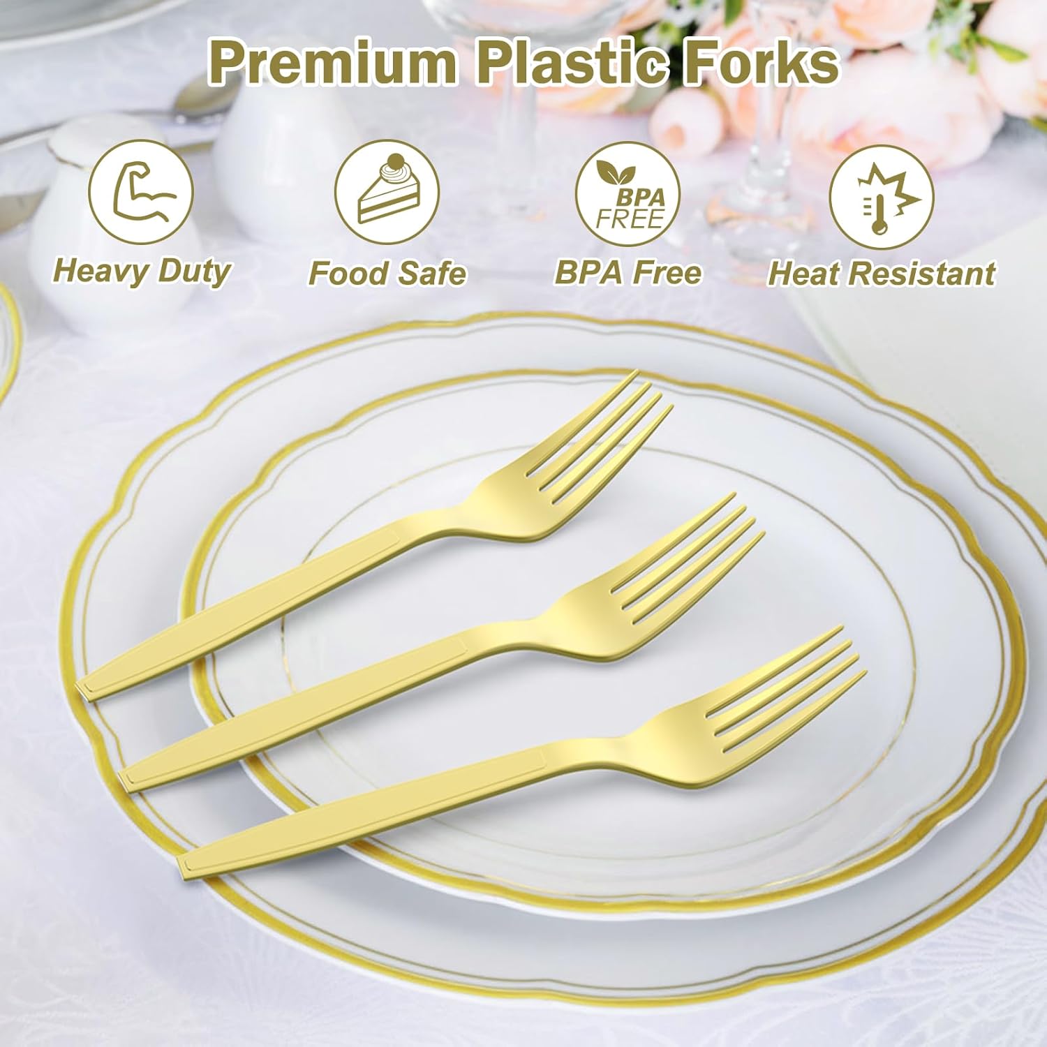 Dealusy 360-count extra heavy-duty gold plastic forks, disposable and BPA-free, suitable for parties and events.