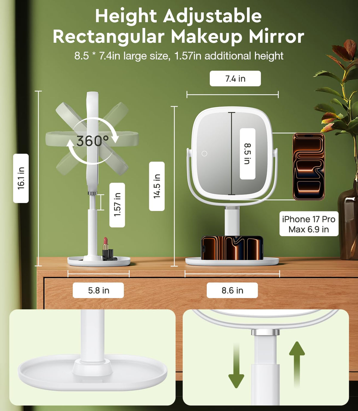 Height Adjustable Lighted Makeup Mirror with Lights and - Glowtop Official Imagery - 4