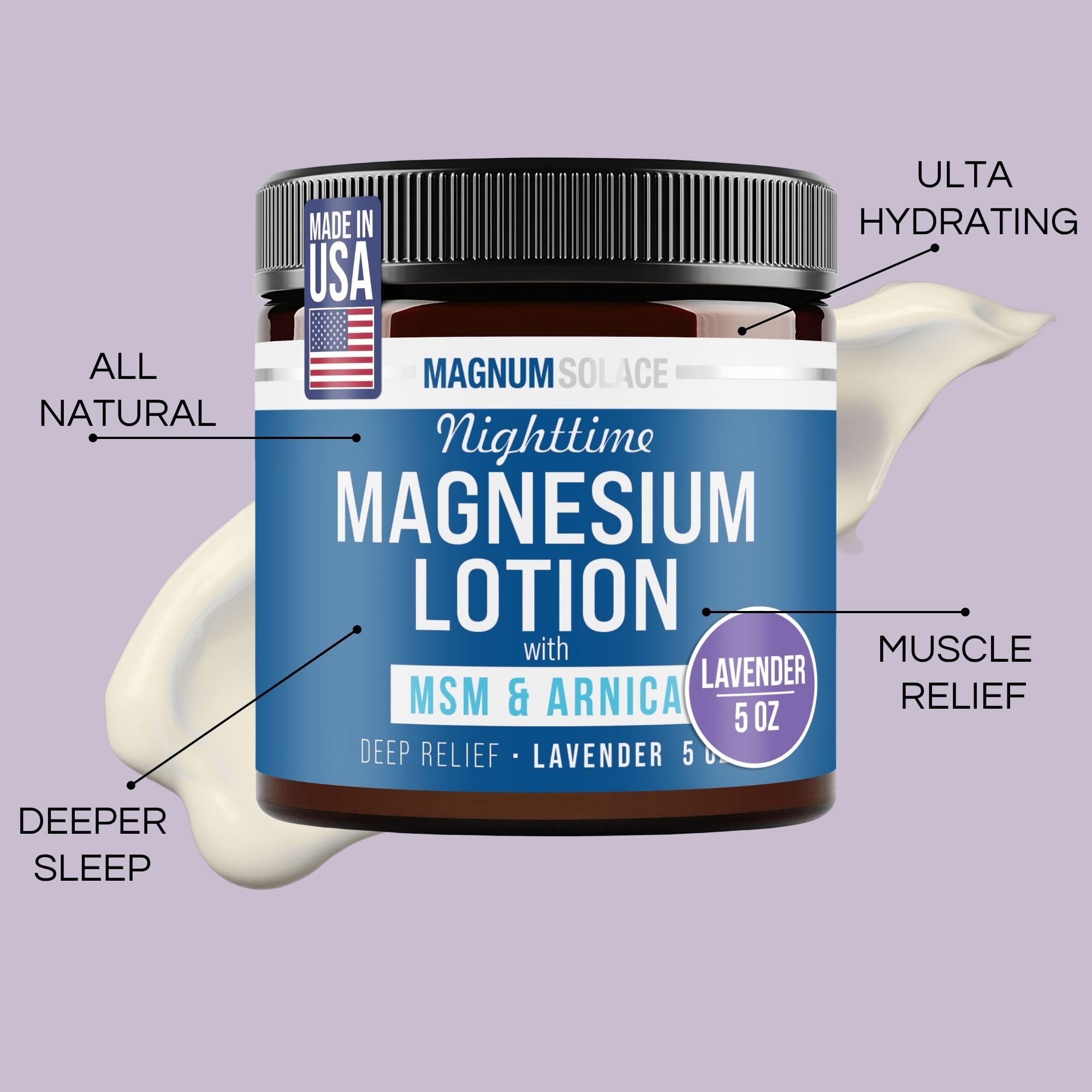 Magnum Solace Nighttime Magnesium Lotion with MSM & Arnica – Highly Concentrated Magnesium for Muscles & Joints – Apply to Legs or Feet Before Bed – Skin-Friendly