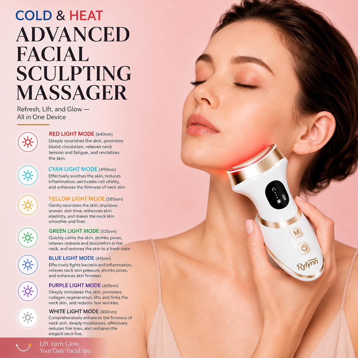 Rylynn Cold Heat Facial Body Massager, Wide-Curved Sculpting Tool for Face Depuffing, Neck and Chest Lifting, 7 Modes Smart Touch Vibration with Red Light for Lymphatic Drainage