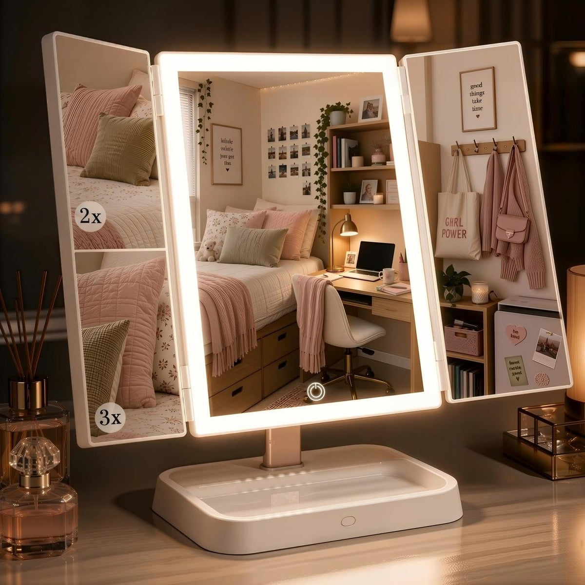 Lighted Trifold Makeup Mirror 1X 2X 3X Rechargeable White - CALEPOP Official Imagery - 1