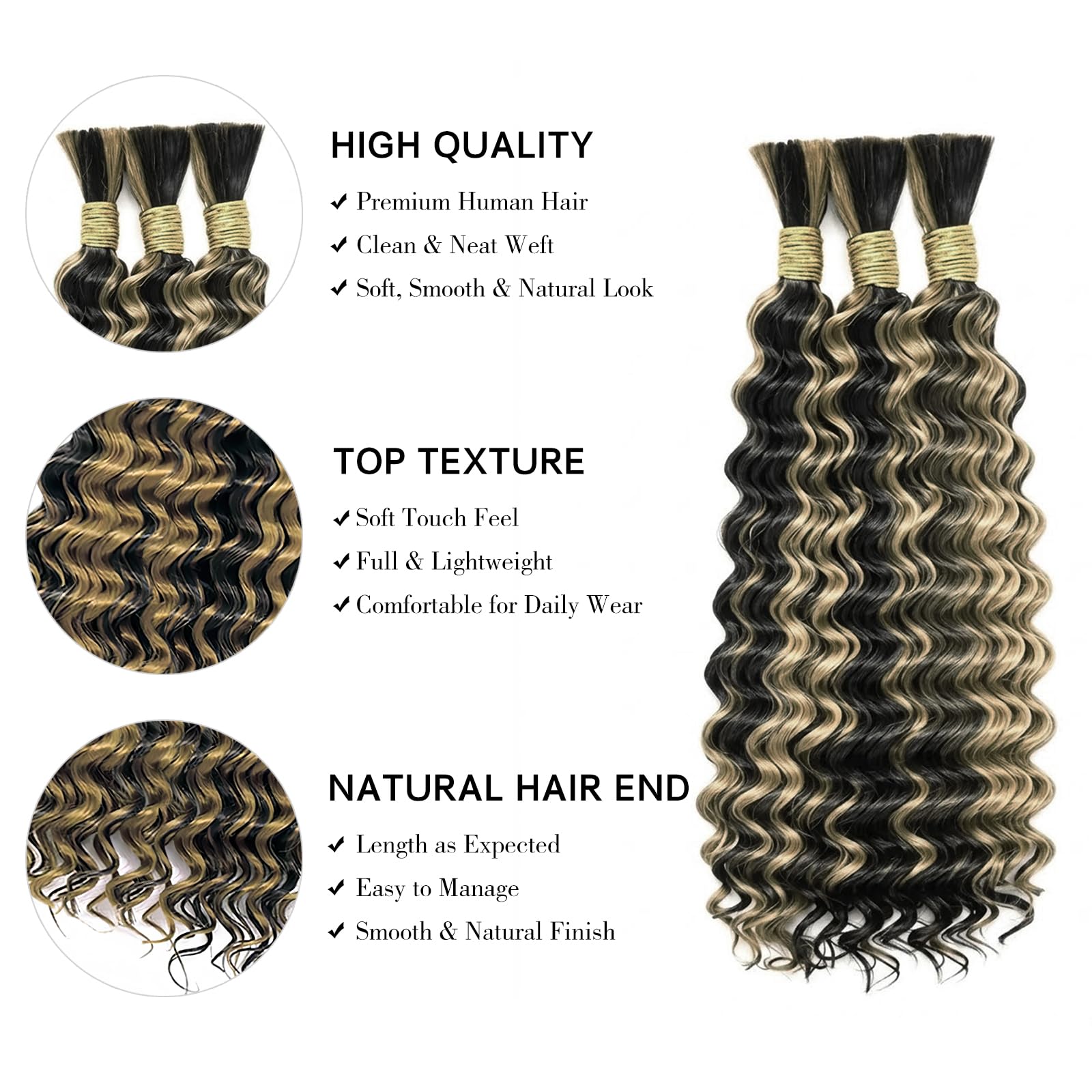DDFAH P1B/27 honey blonde deep wave human braiding hair extension, 32 inches long, featuring textured, wavy strands.
