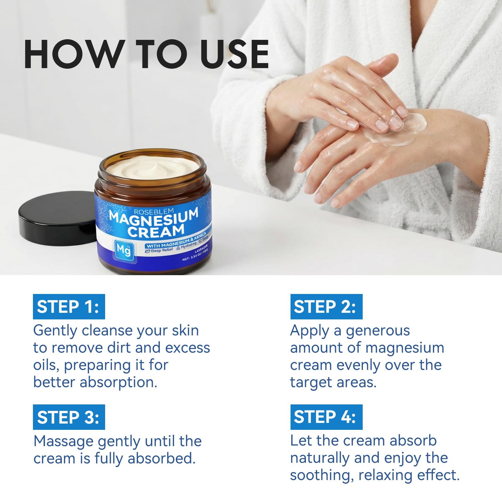 Roseblem Magnesium Cream with arnica and lavender, a gentle moisturizer for muscle relief, relaxation, and sensitive skin.