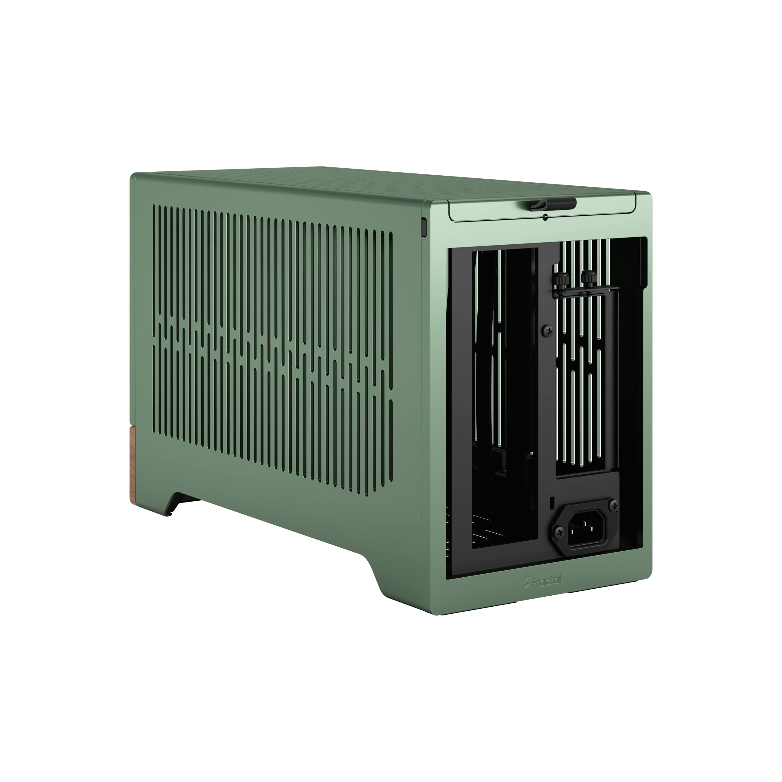 Fractal Design Terra Jade mini ITX gaming computer chassis with walnut wood front panel and anodized aluminum panels.
