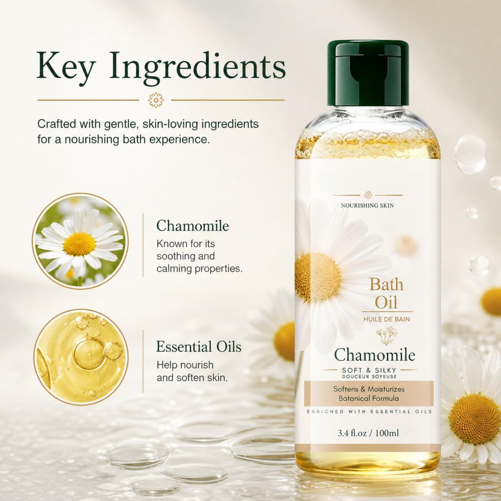 SanZhuan chamomile bath oil in a clear bottle, showing silky, lightweight body oil for hydrating bath soaking and dry skin.