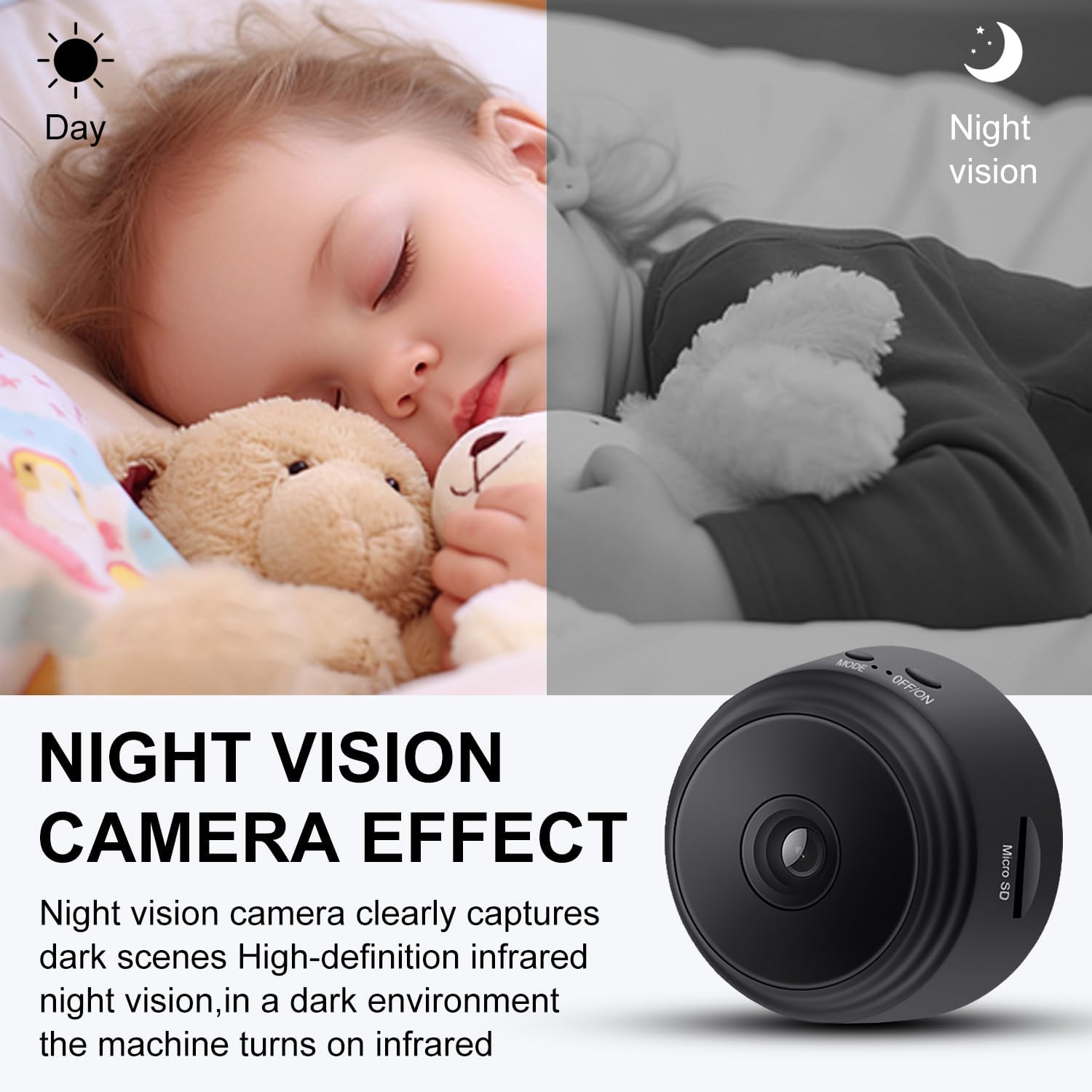 YISPK 1080P HD WiFi mini nanny camera with night vision, motion detection, compact design, ideal for home security.