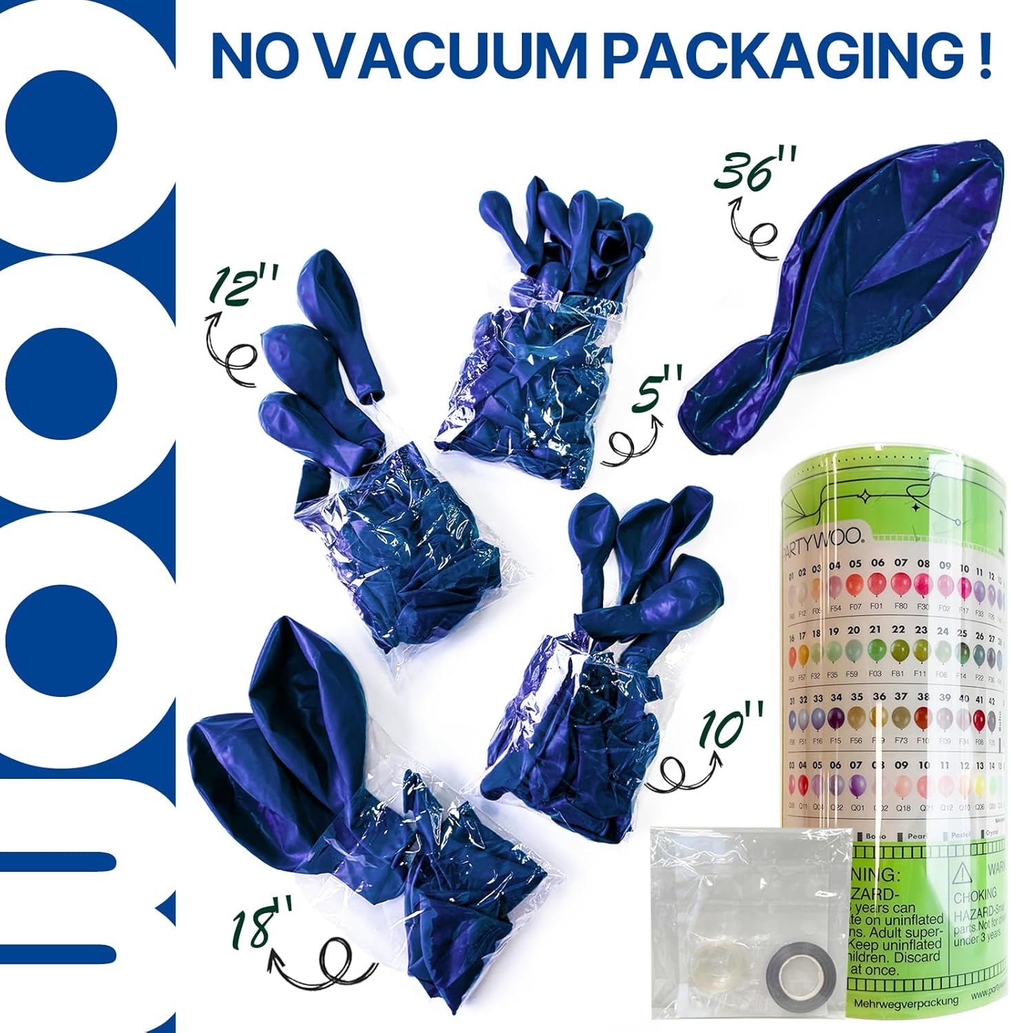 PartyWoo royal blue balloons in various sizes including 36, 18, 12, 10, and 5 inches, dark blue party decorations.