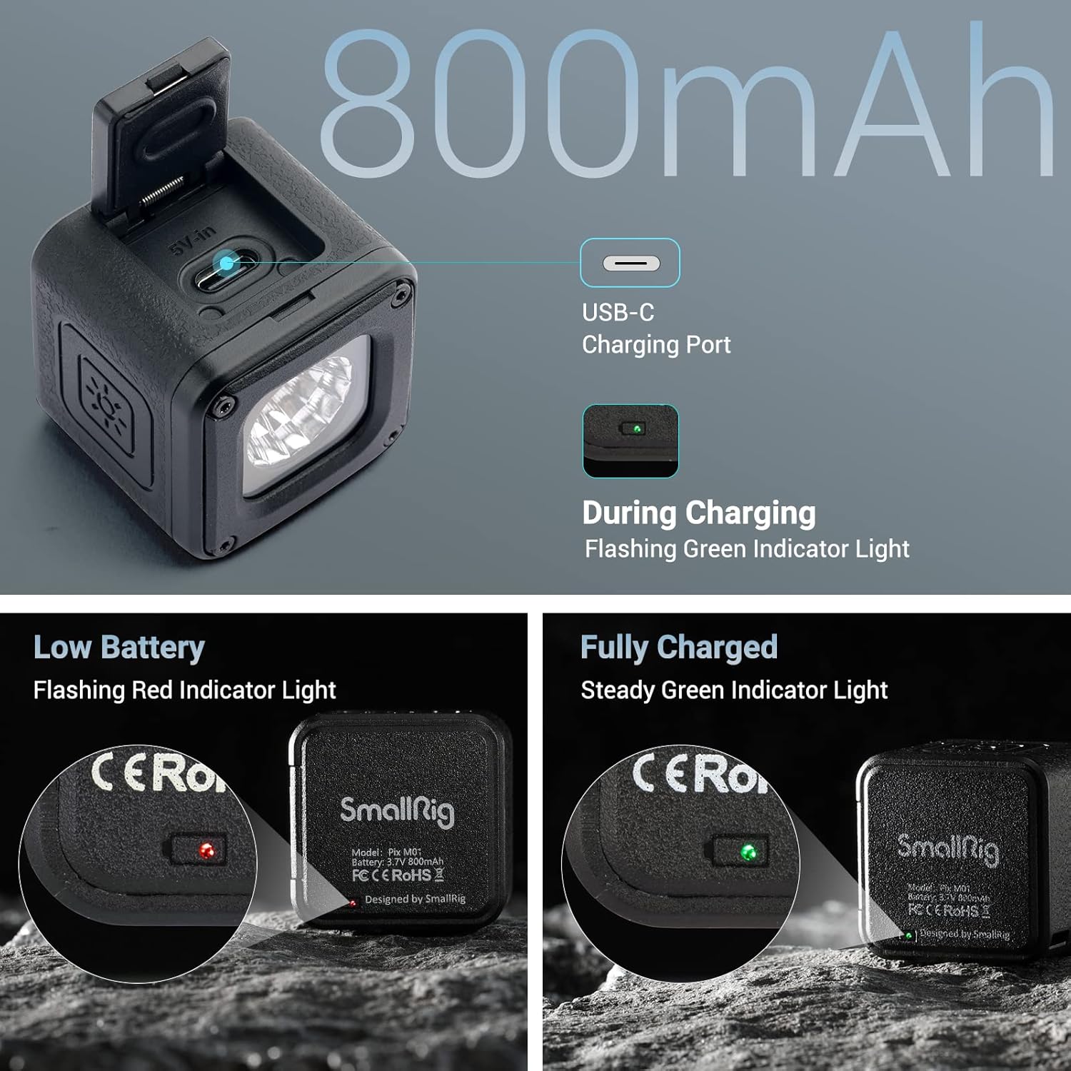 SmallRig RM01 Mini LED video light with waterproof design, portable kit, and 8 color filters for versatile lighting.