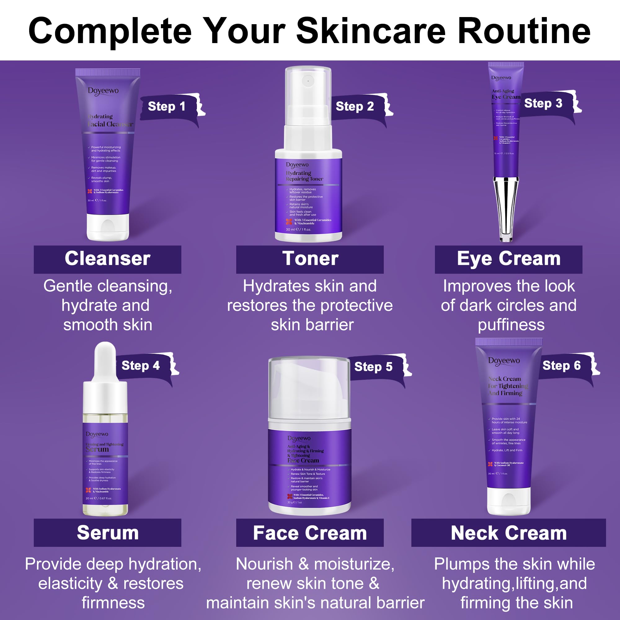 Skin Care Set,6Pcs Tighten, Lift, Firm, Hydrate &amp; Radiant - DOYEEWO